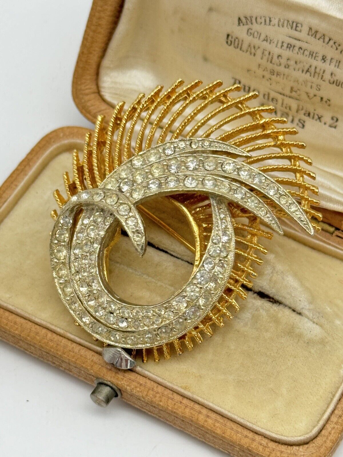 Vintage BSK Clear Rhinestone Gold Tone Swirl Brooch 50s STYLE Estate Find