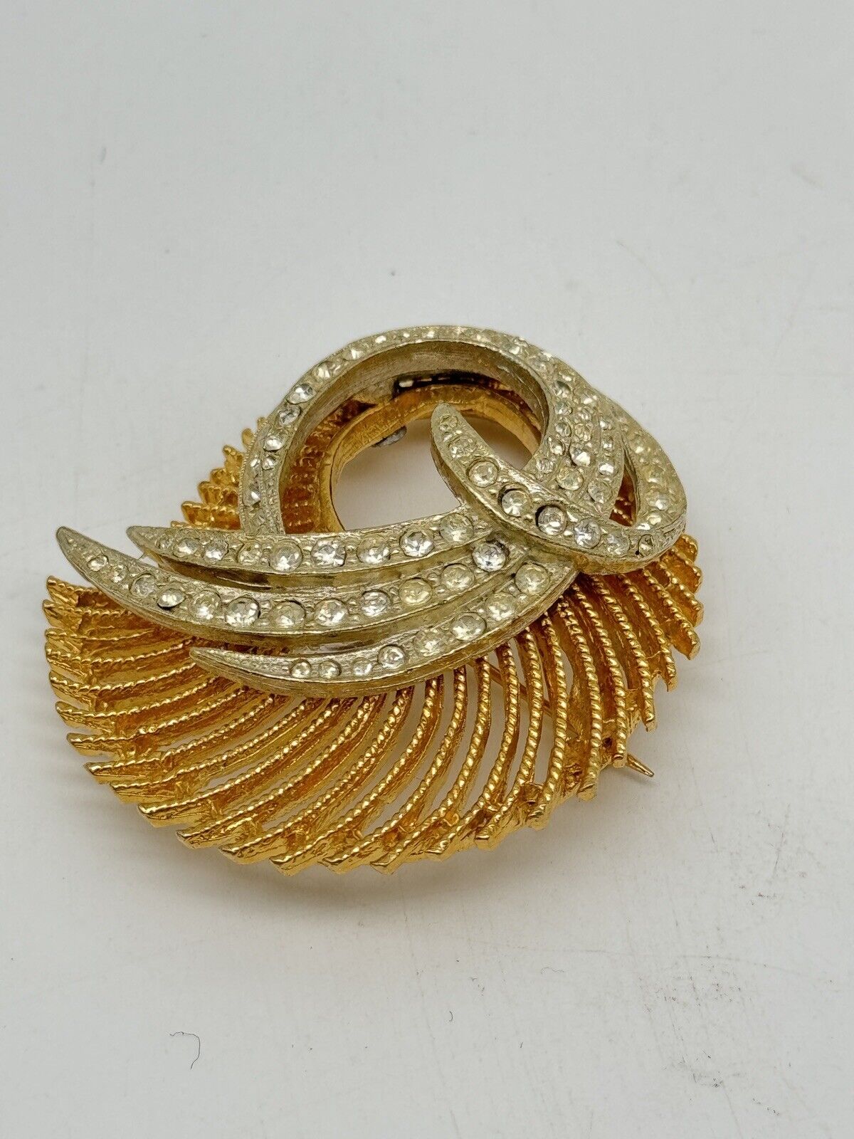 Vintage BSK Clear Rhinestone Gold Tone Swirl Brooch 50s STYLE Estate Find
