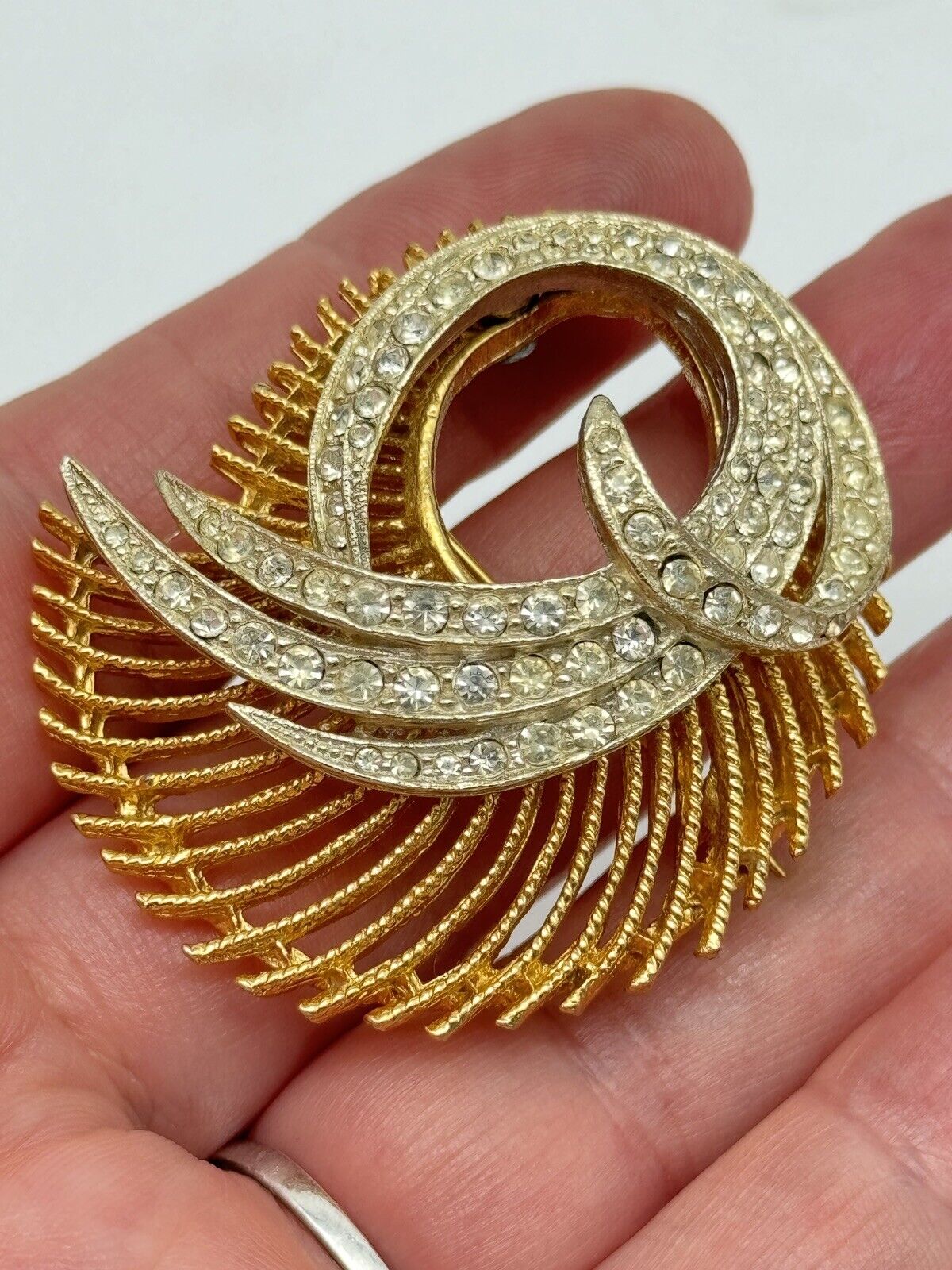 Vintage BSK Clear Rhinestone Gold Tone Swirl Brooch 50s STYLE Estate Find