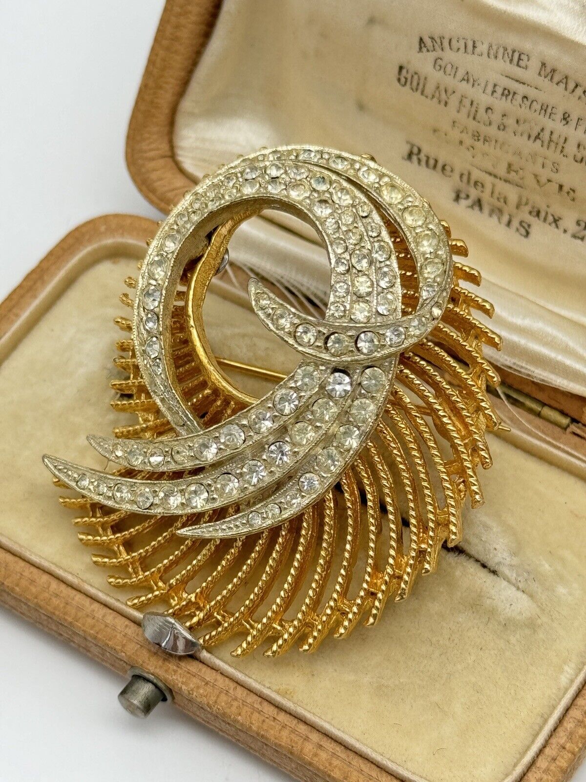 Vintage BSK Clear Rhinestone Gold Tone Swirl Brooch 50s STYLE Estate Find