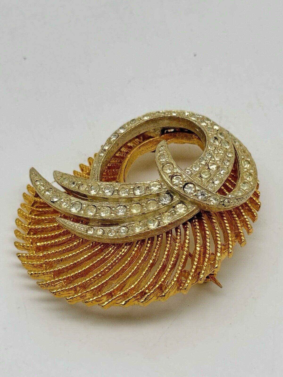 Vintage BSK Clear Rhinestone Gold Tone Swirl Brooch 50s STYLE Estate Find