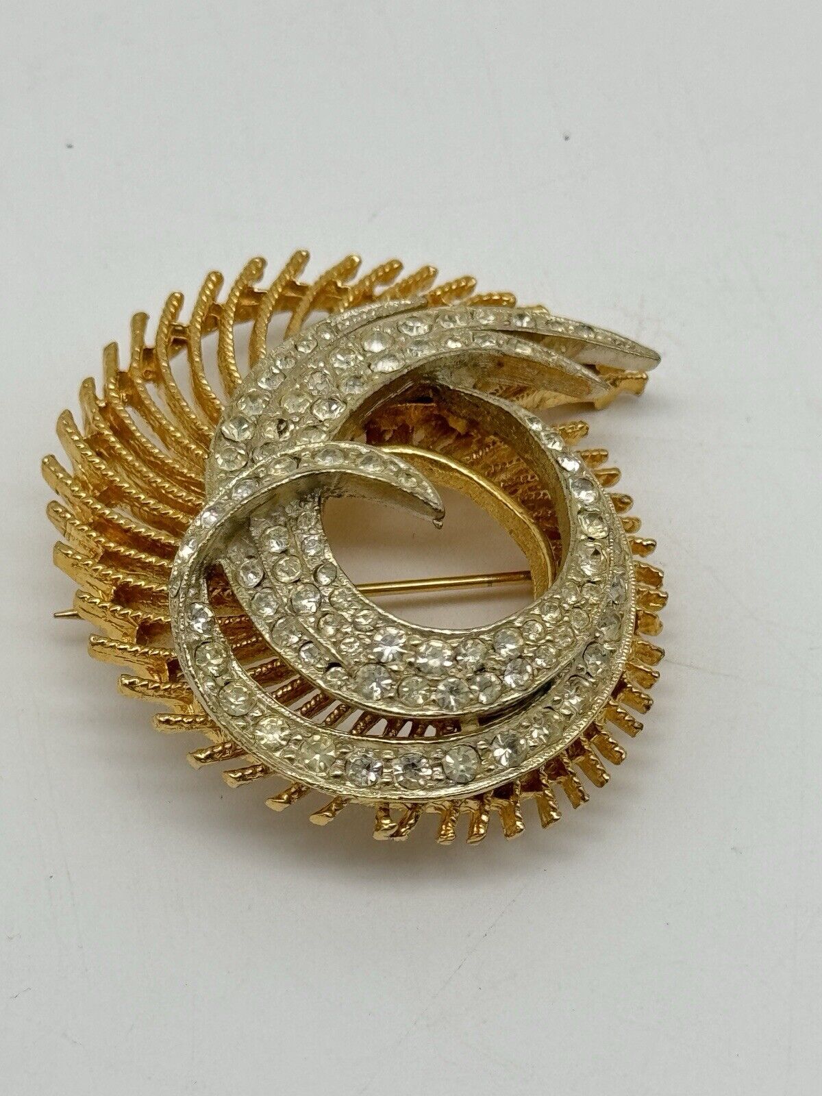 Vintage BSK Clear Rhinestone Gold Tone Swirl Brooch 50s STYLE Estate Find