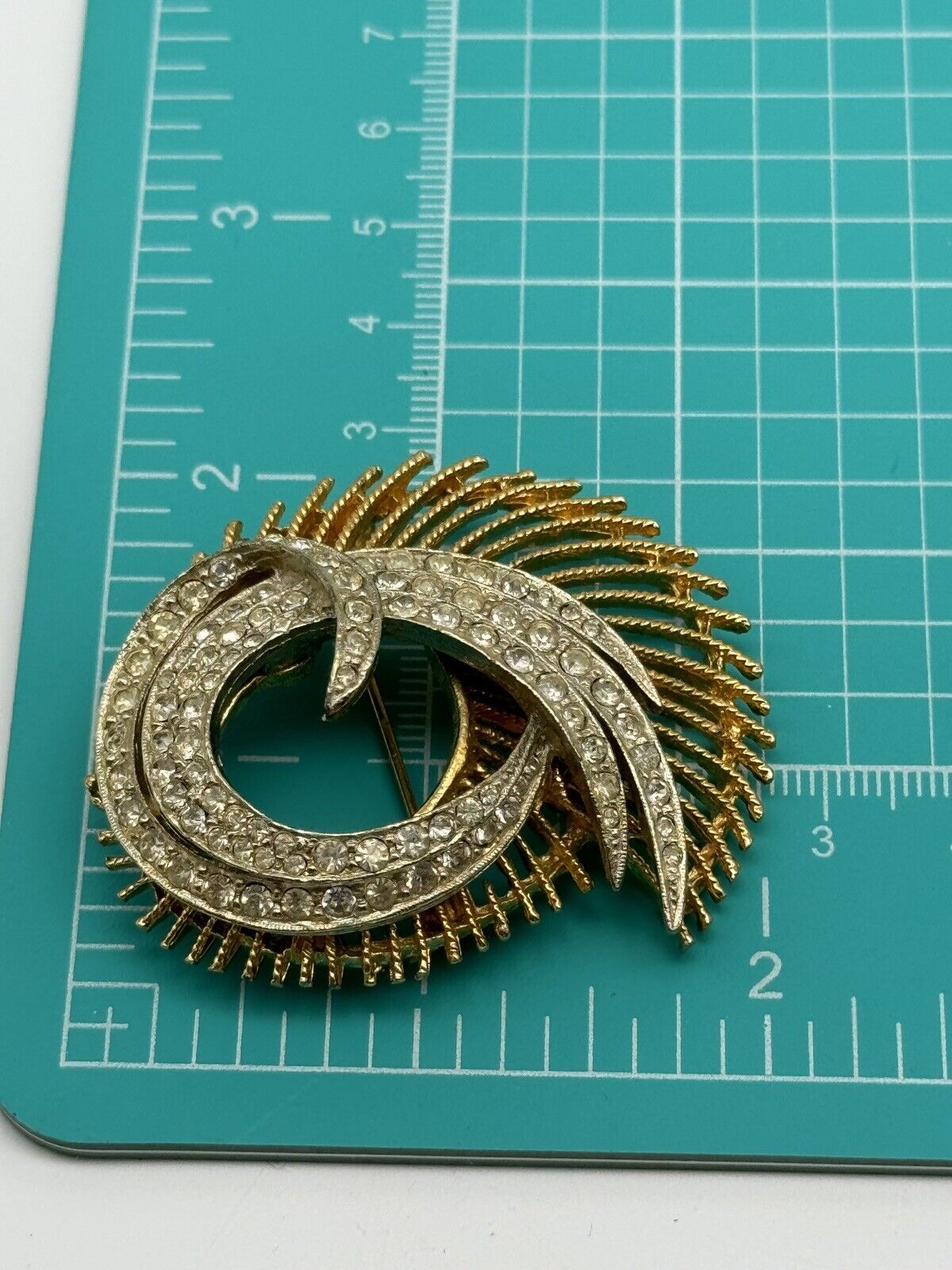 Vintage BSK Clear Rhinestone Gold Tone Swirl Brooch 50s STYLE Estate Find