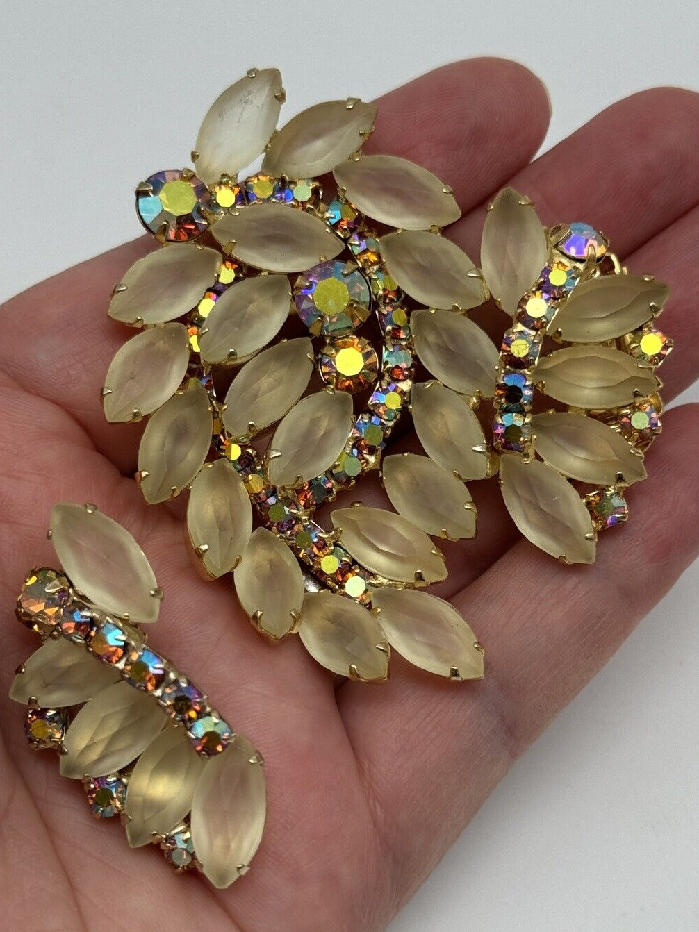 Vintage JULIANA Style Brooch + Earrings Frosted Faceted Rhinestones AB Accents