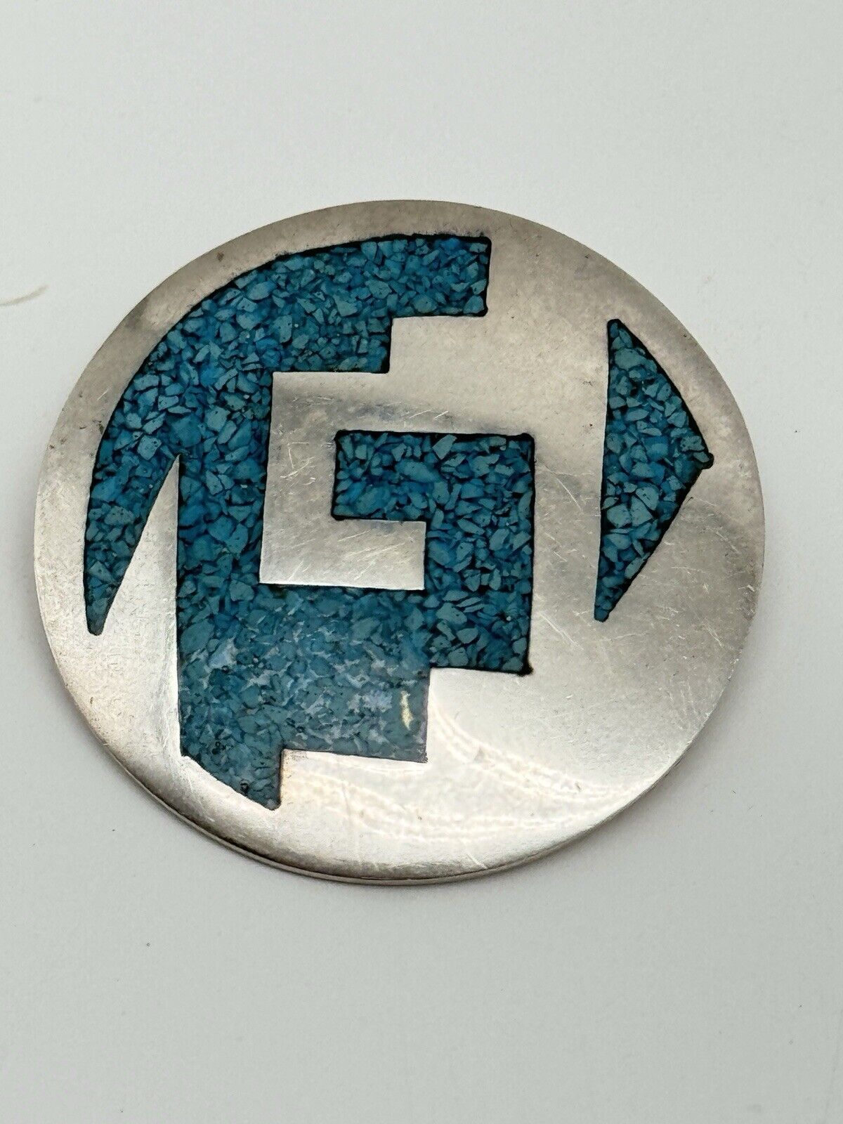 Vintage TAXCO Sterling Silver Round Crushed Turquoise Brooch