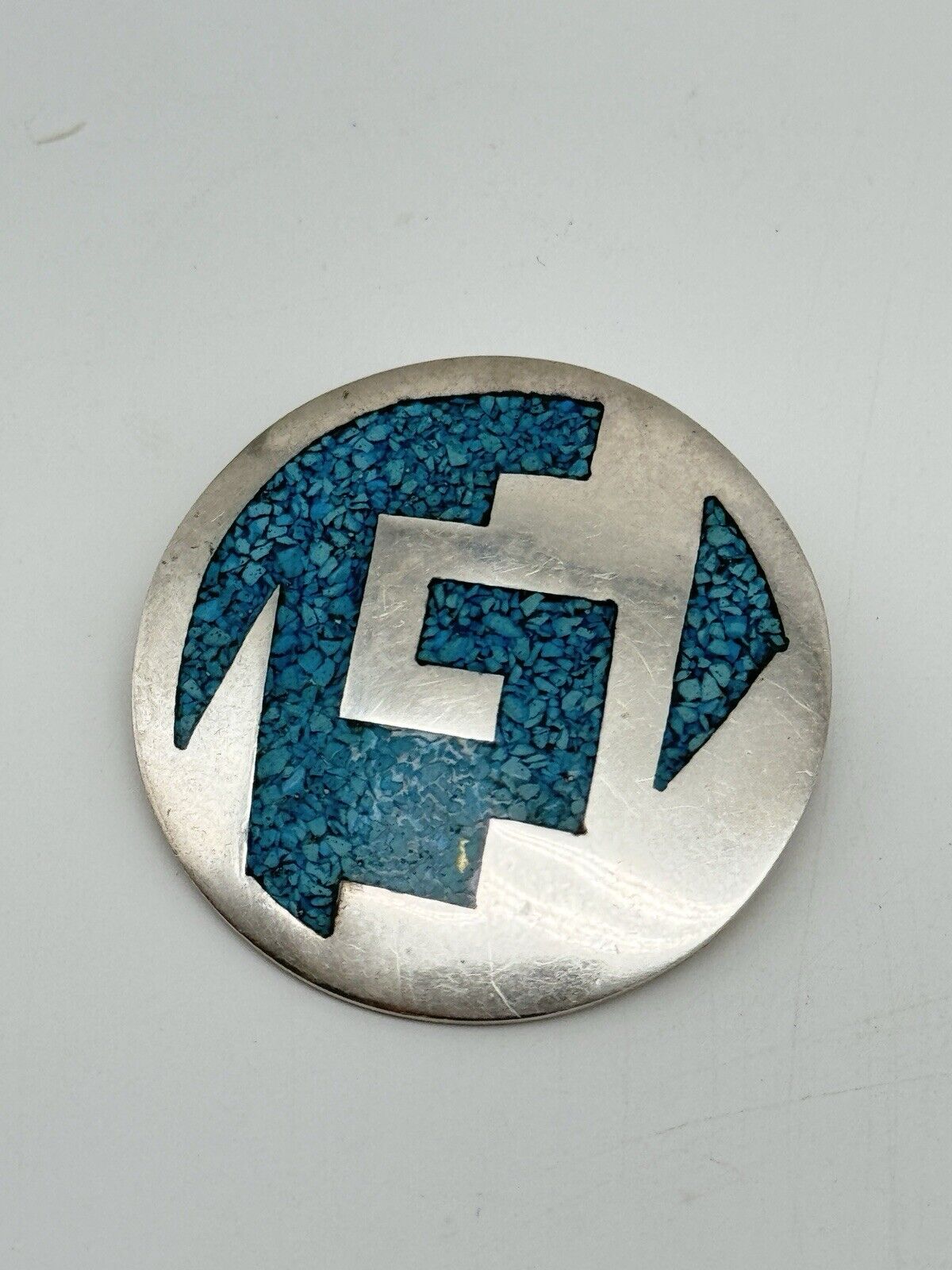 Vintage TAXCO Sterling Silver Round Crushed Turquoise Brooch