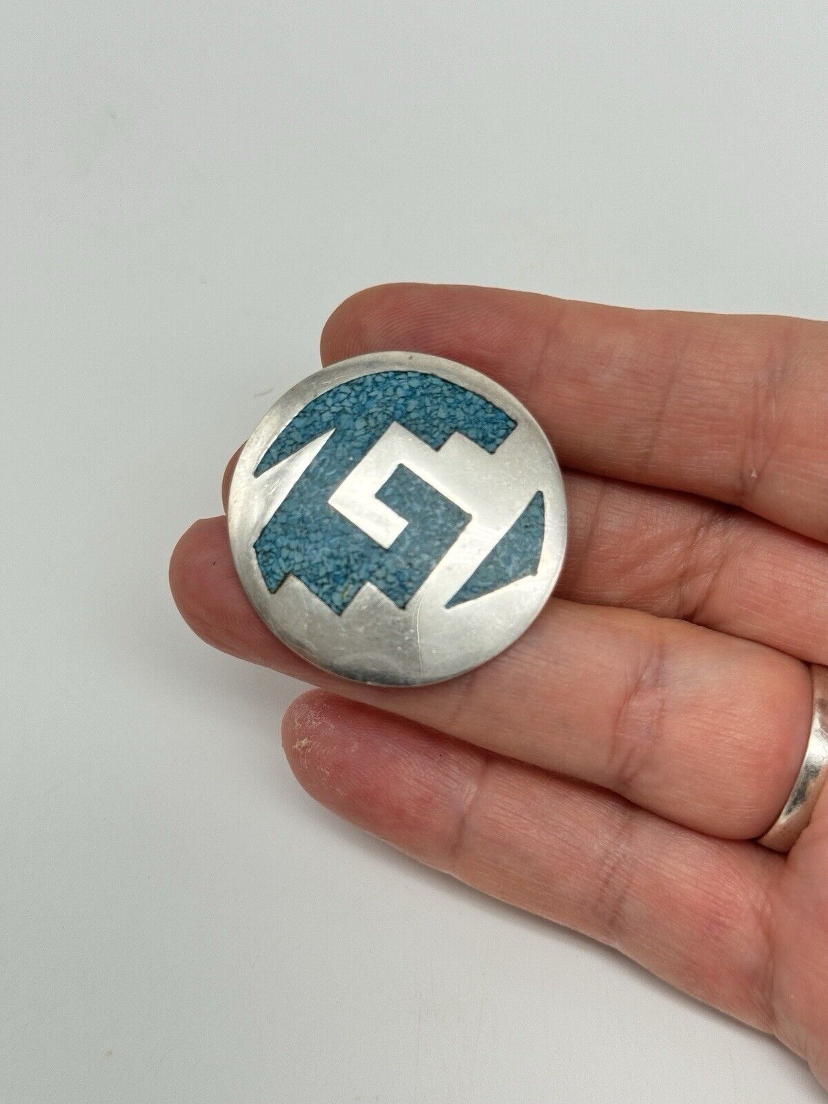 Vintage TAXCO Sterling Silver Round Crushed Turquoise Brooch