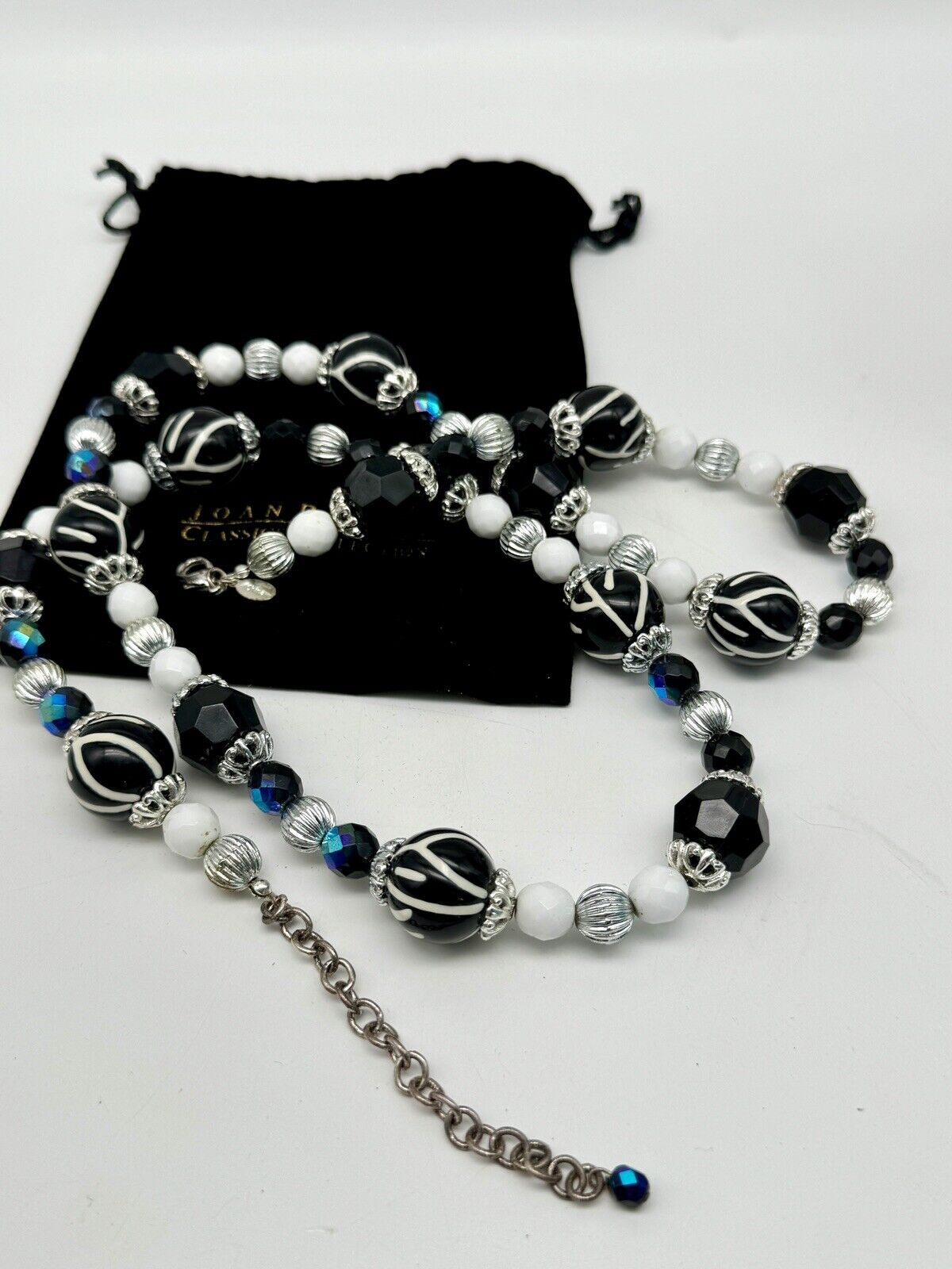 Joan Rivers Necklace 36" white black Zebra iridescent blue silver tones