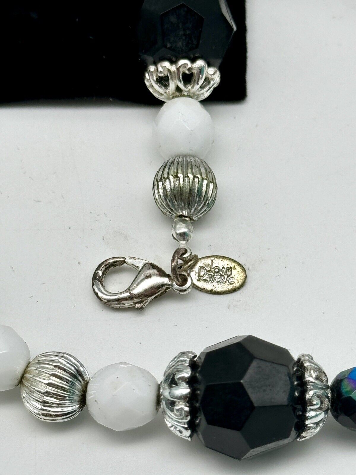 Joan Rivers Necklace 36" white black Zebra iridescent blue silver tones