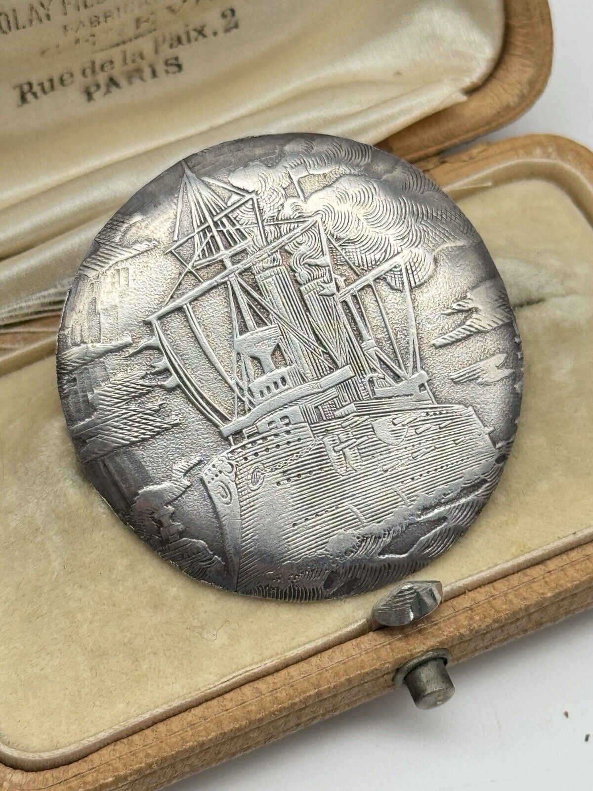Antique NAUTICAL Brooch Pin NIEL H F 900 Silver Old Watch Back SHIP Engraved