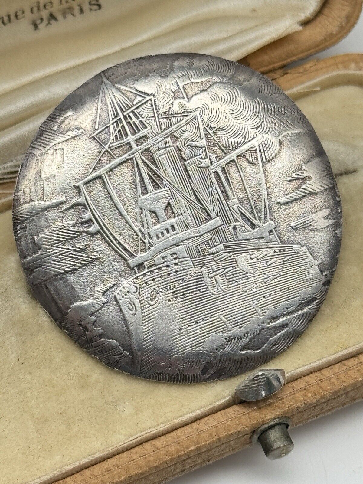 Antique NAUTICAL Brooch Pin NIEL H F 900 Silver Old Watch Back SHIP Engraved