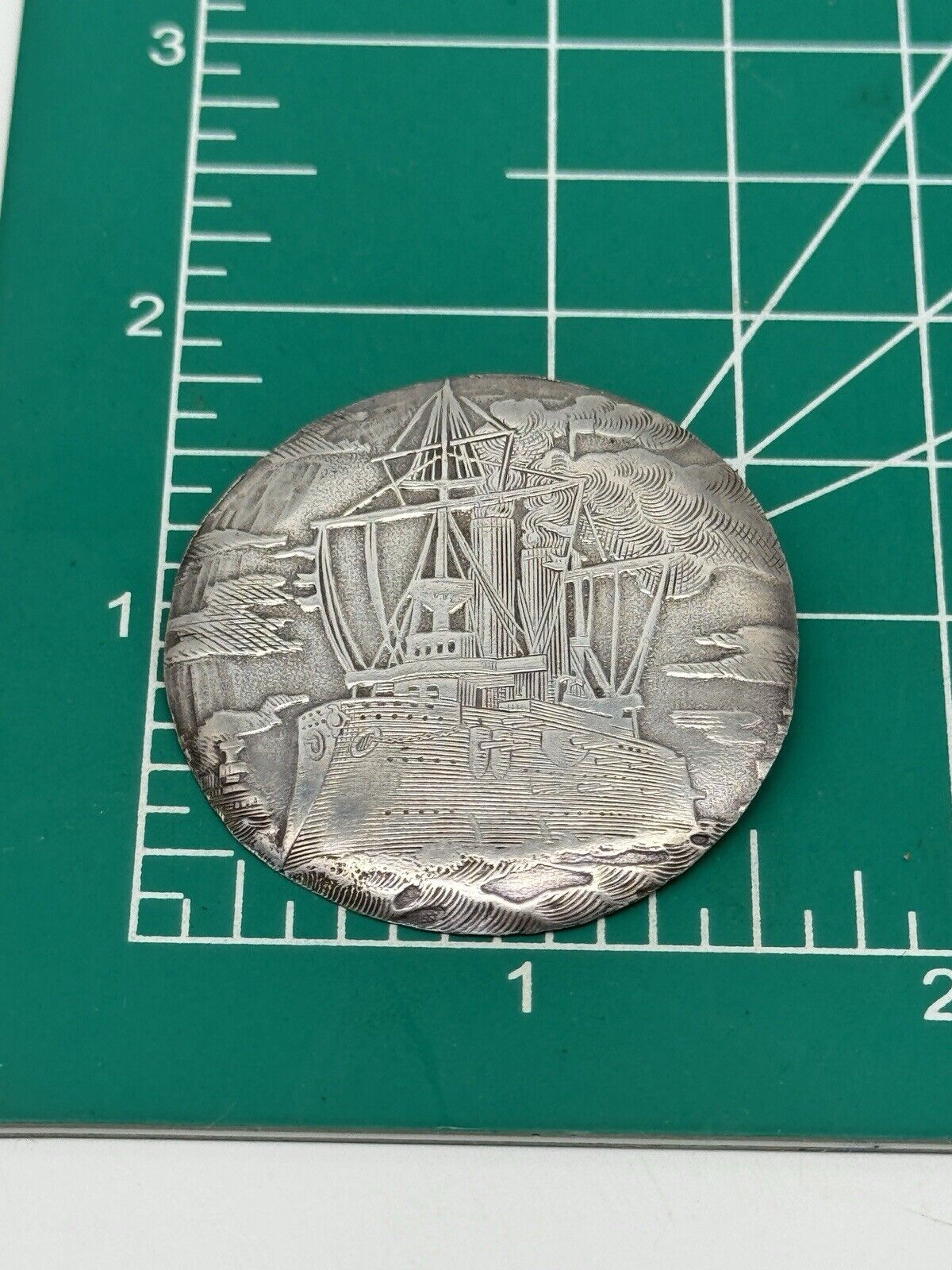 Antique NAUTICAL Brooch Pin NIEL H F 900 Silver Old Watch Back SHIP Engraved