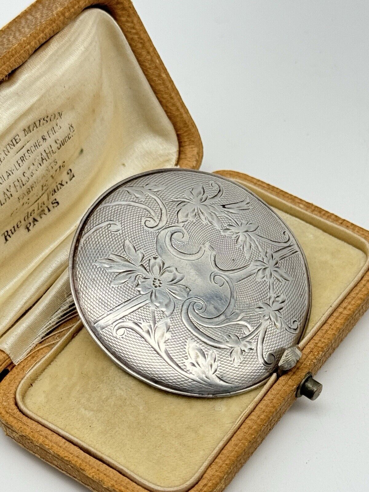 Antique Tested Coin Silver Old Watch Back Engraved NAUTICAL Brooch Pin
