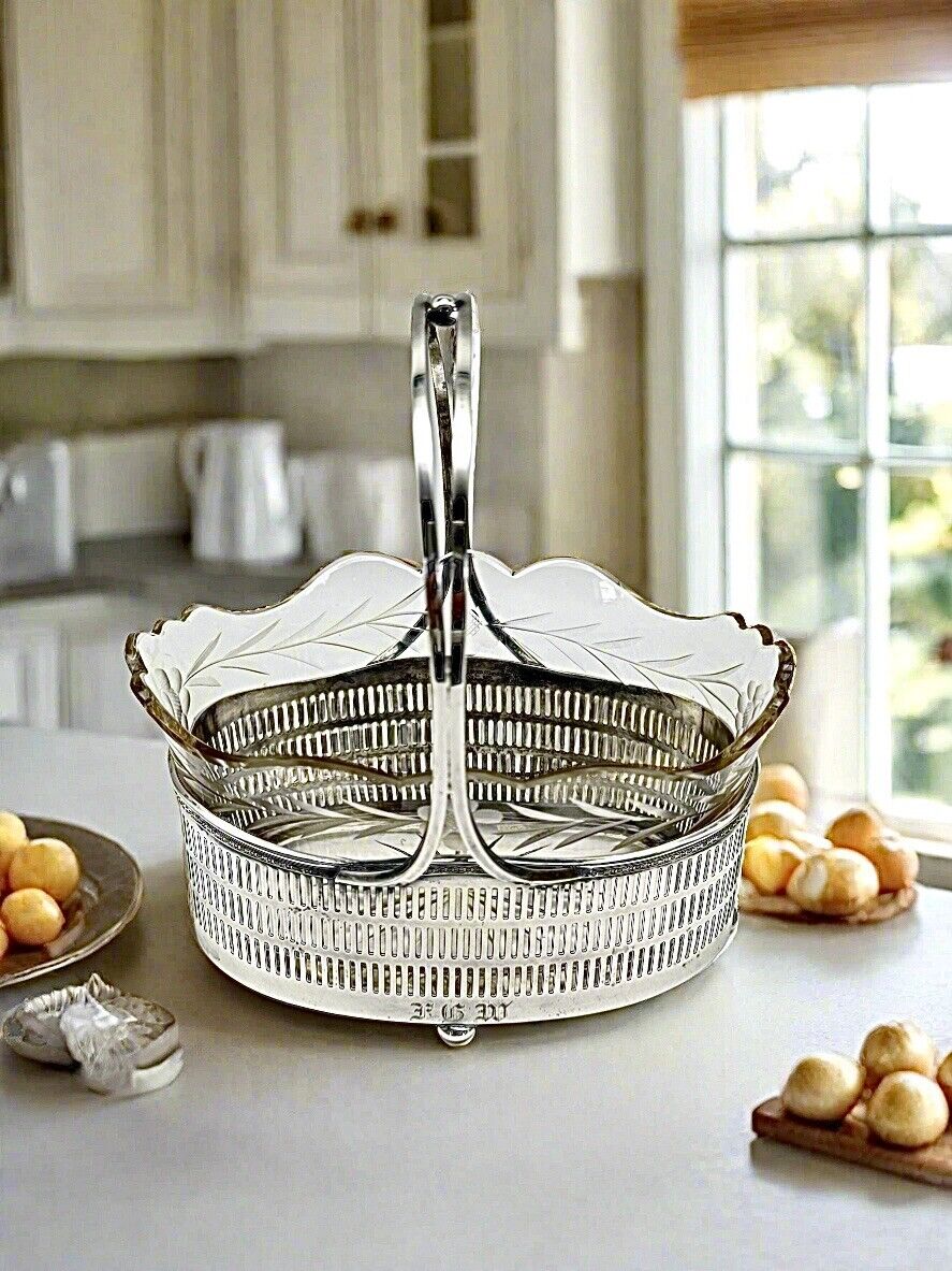 Antique Basket Silverplate Reticulated Edwardian Glass Etched Floral Dsgn. Mono