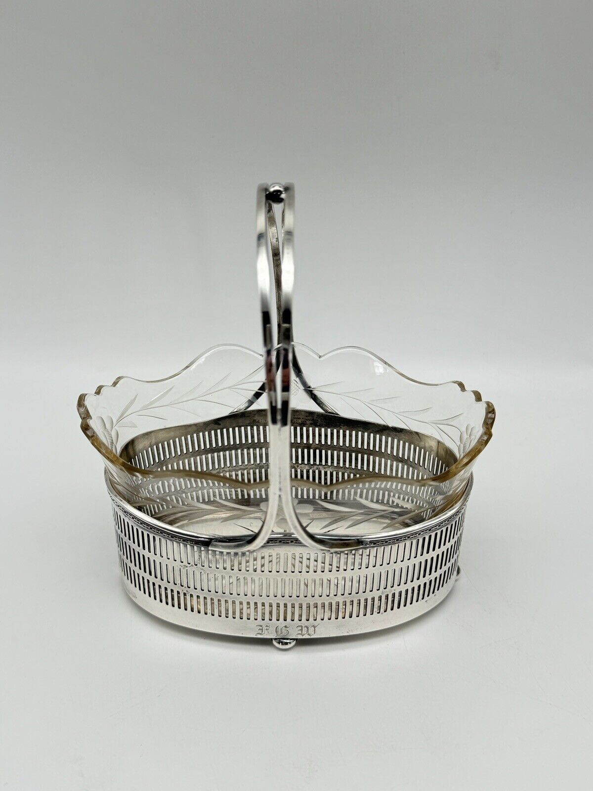 Antique Basket Silverplate Reticulated Edwardian Glass Etched Floral Dsgn. Mono