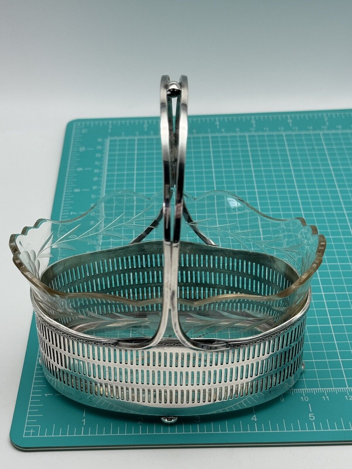 Antique Basket Silverplate Reticulated Edwardian Glass Etched Floral Dsgn. Mono