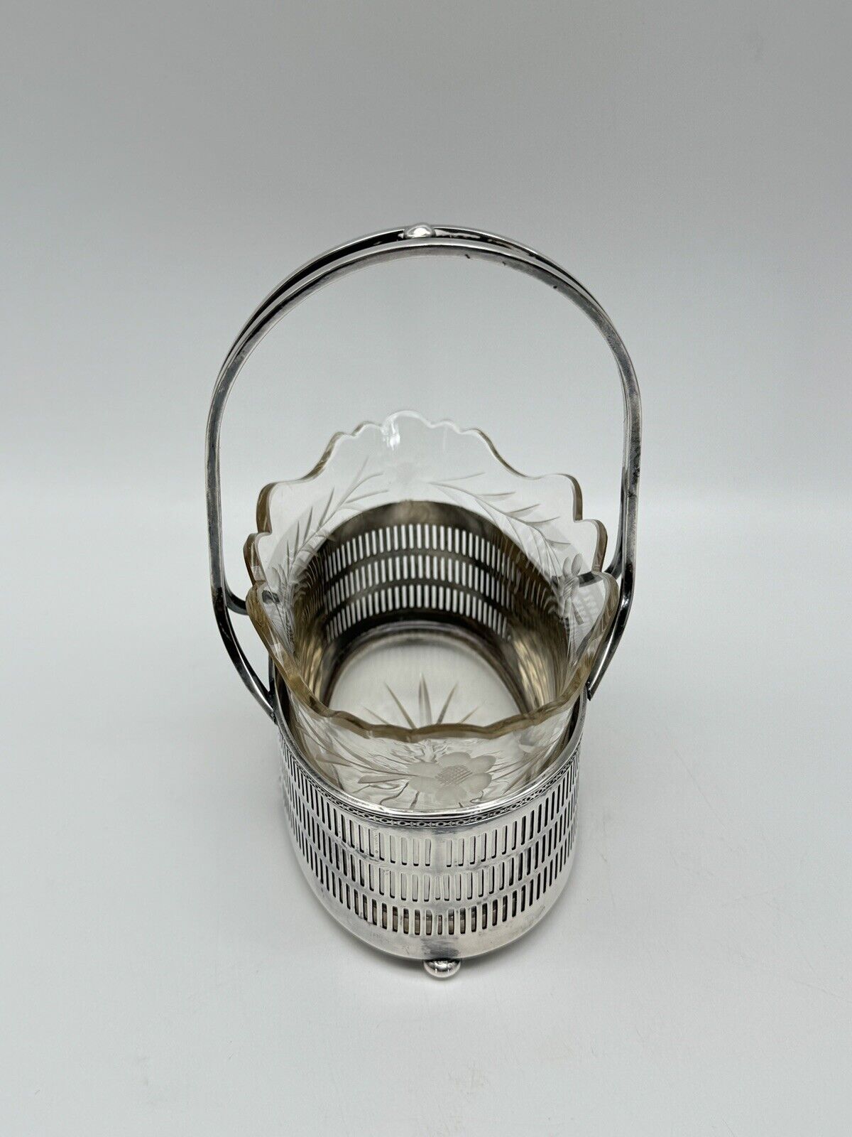 Antique Basket Silverplate Reticulated Edwardian Glass Etched Floral Dsgn. Mono