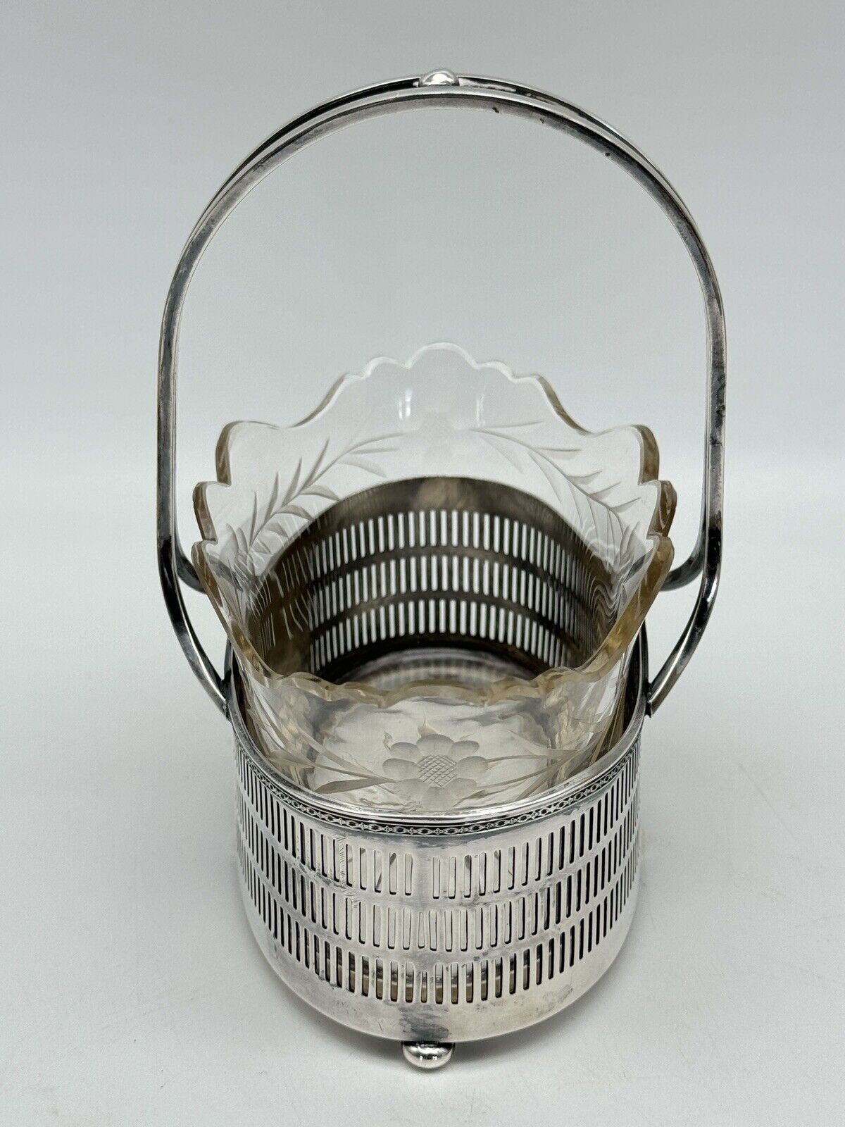 Antique Basket Silverplate Reticulated Edwardian Glass Etched Floral Dsgn. Mono