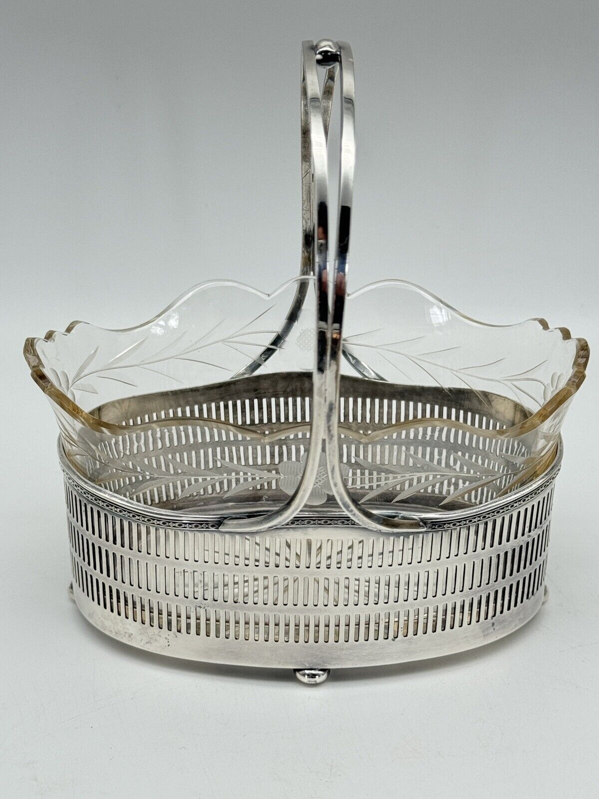 Antique Basket Silverplate Reticulated Edwardian Glass Etched Floral Dsgn. Mono