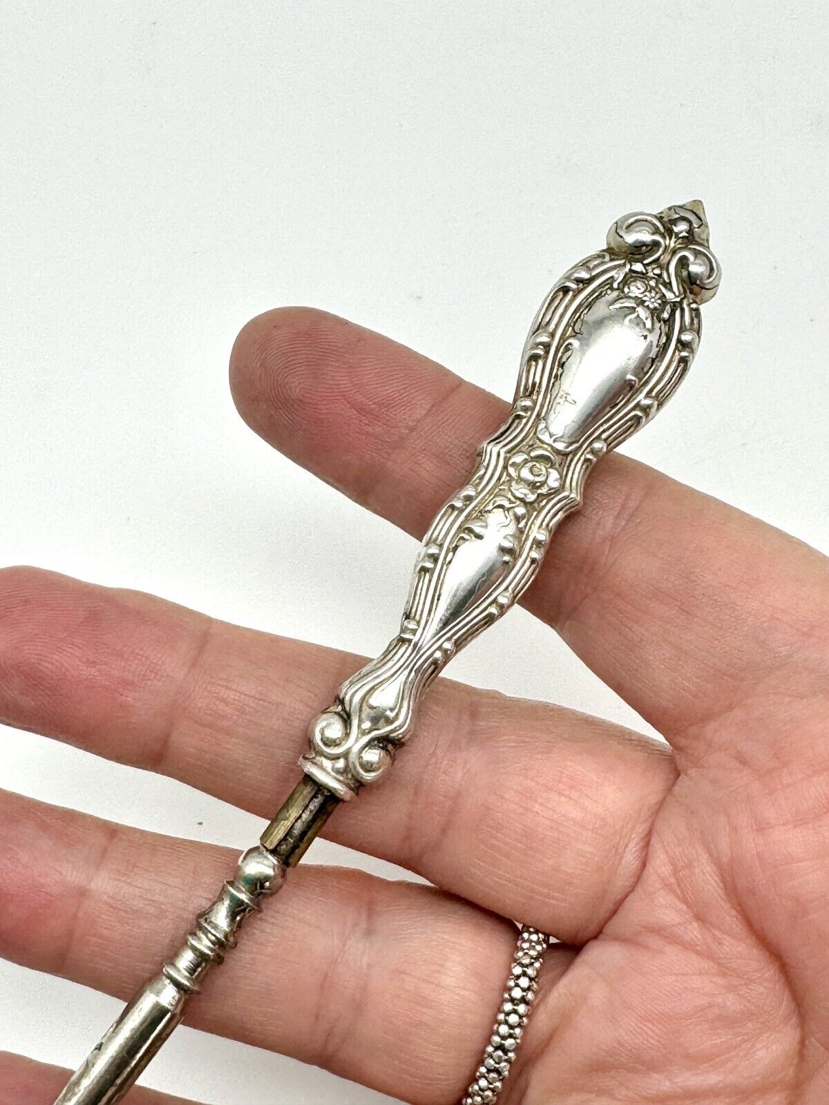 Antique Button Hook STERLING Silver Circa 6.5” Floral Design