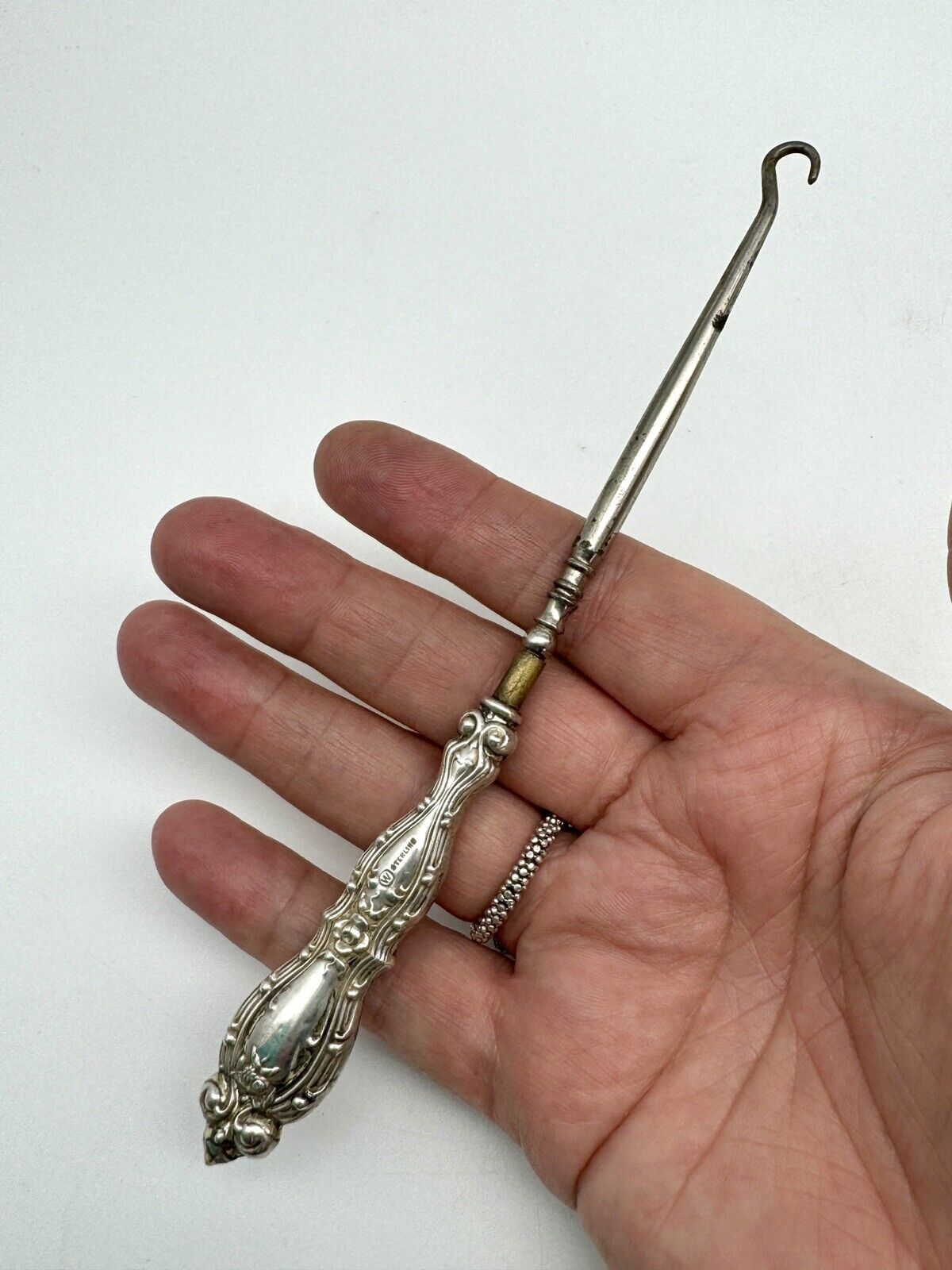 Antique Button Hook STERLING Silver Circa 6.5” Floral Design
