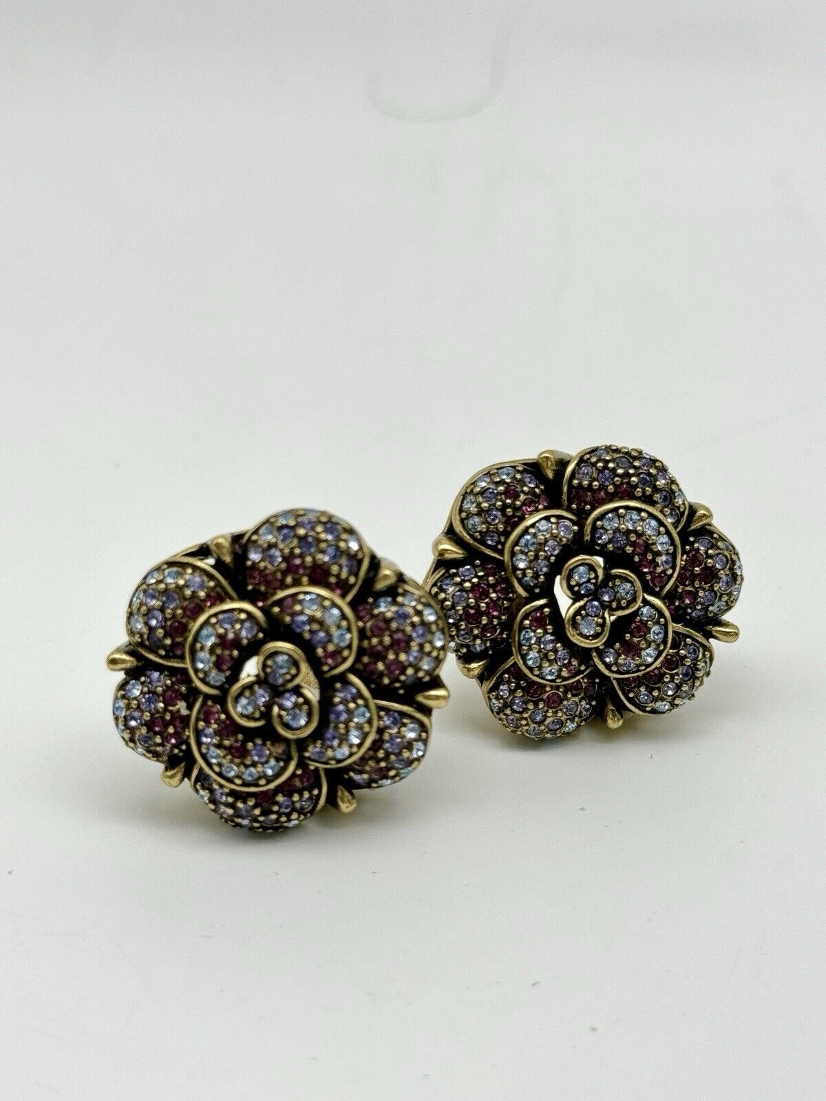 Heidi DAUS Signed Purple Rhinestone Encrusted Flower Earrings Clip-On
