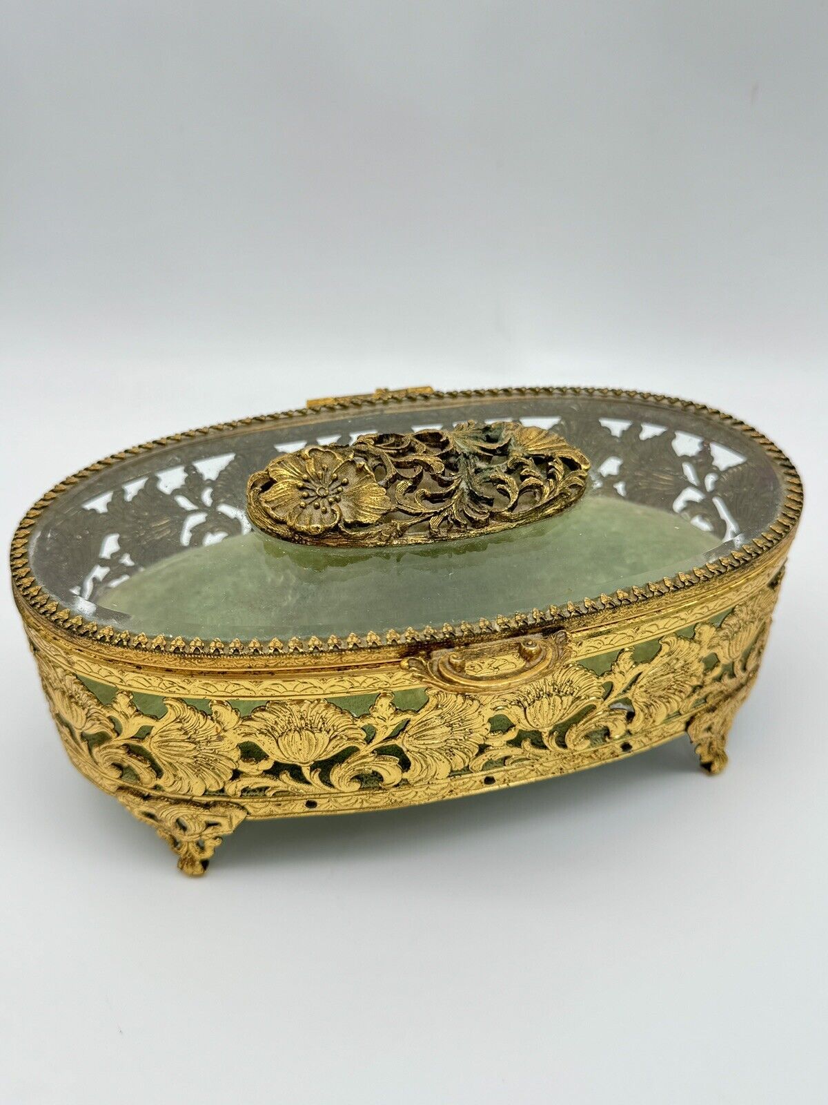 VINTAGE Ormolu Jewelry Casket Oval Green Velvet Floral Design Substantial LARGE