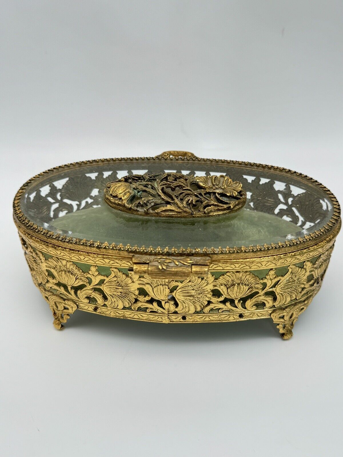 VINTAGE Ormolu Jewelry Casket Oval Green Velvet Floral Design Substantial LARGE