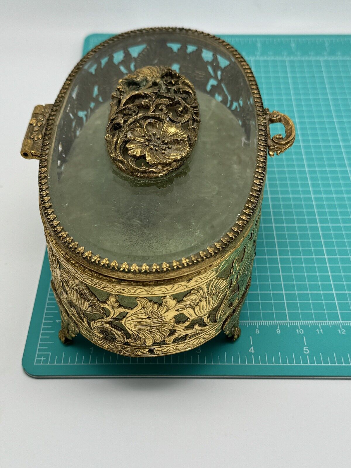 VINTAGE Ormolu Jewelry Casket Oval Green Velvet Floral Design Substantial LARGE