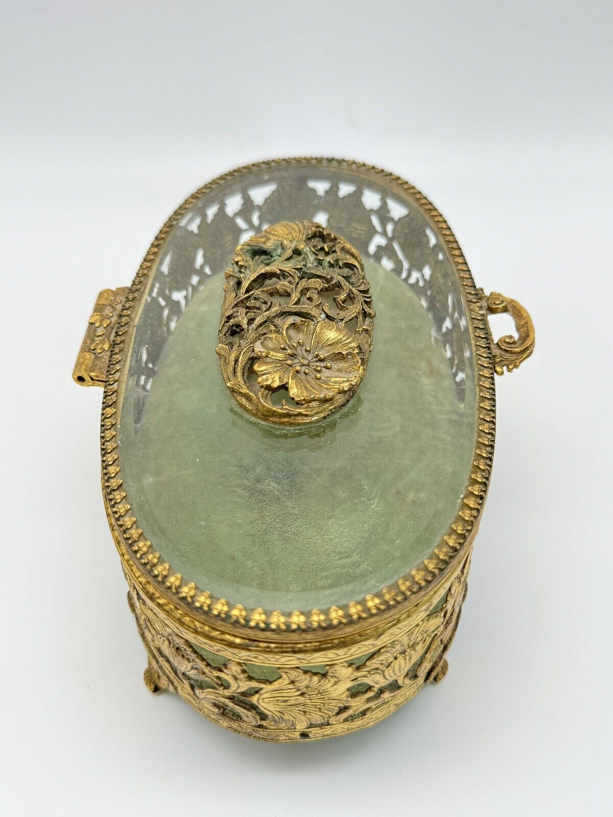 VINTAGE Ormolu Jewelry Casket Oval Green Velvet Floral Design Substantial LARGE