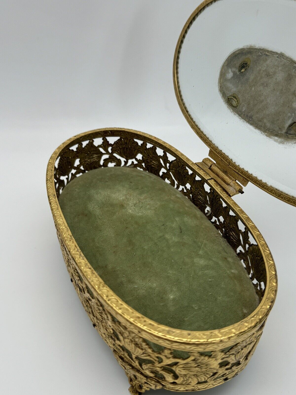 VINTAGE Ormolu Jewelry Casket Oval Green Velvet Floral Design Substantial LARGE