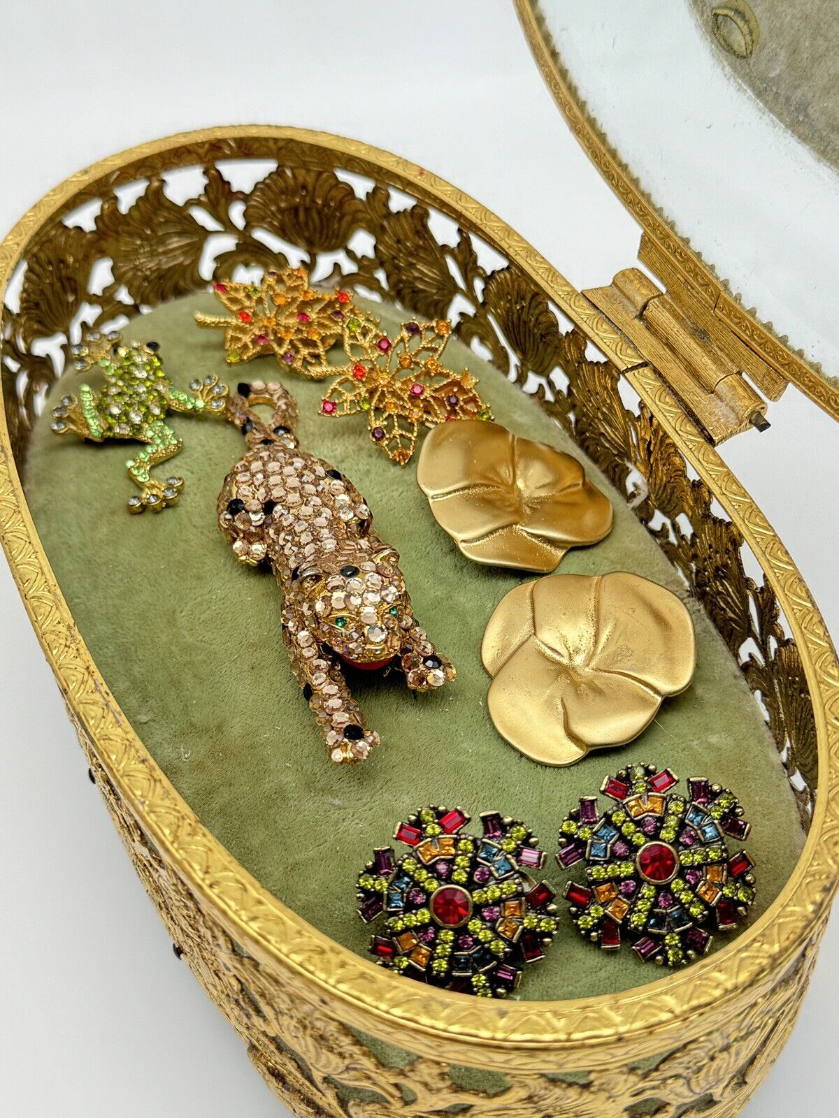 VINTAGE Ormolu Jewelry Casket Oval Green Velvet Floral Design Substantial LARGE