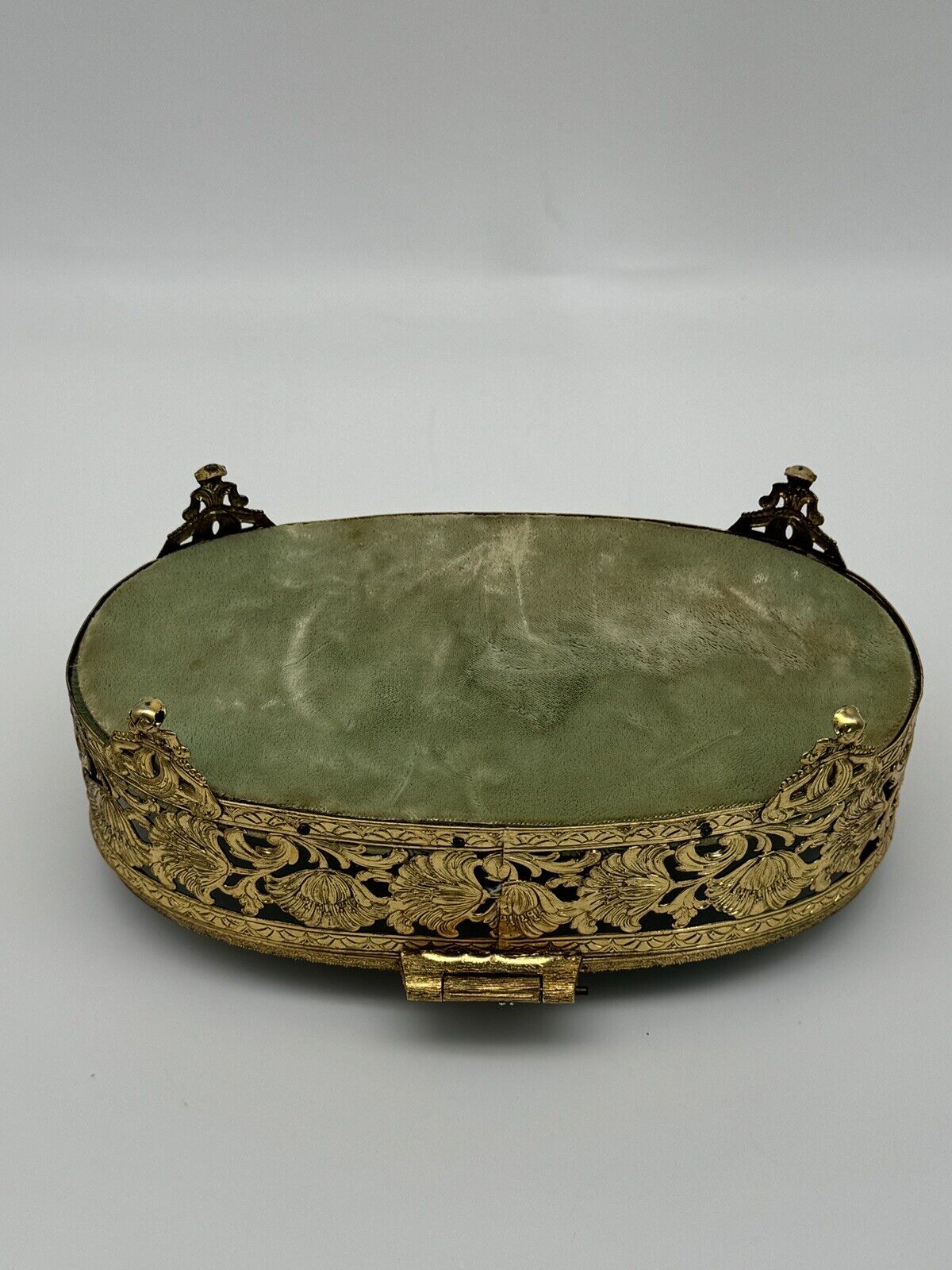 VINTAGE Ormolu Jewelry Casket Oval Green Velvet Floral Design Substantial LARGE