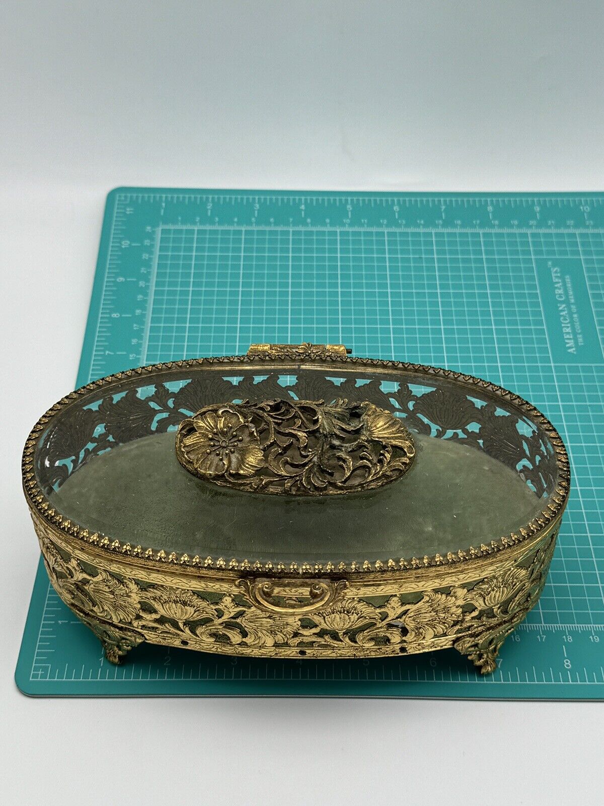 VINTAGE Ormolu Jewelry Casket Oval Green Velvet Floral Design Substantial LARGE