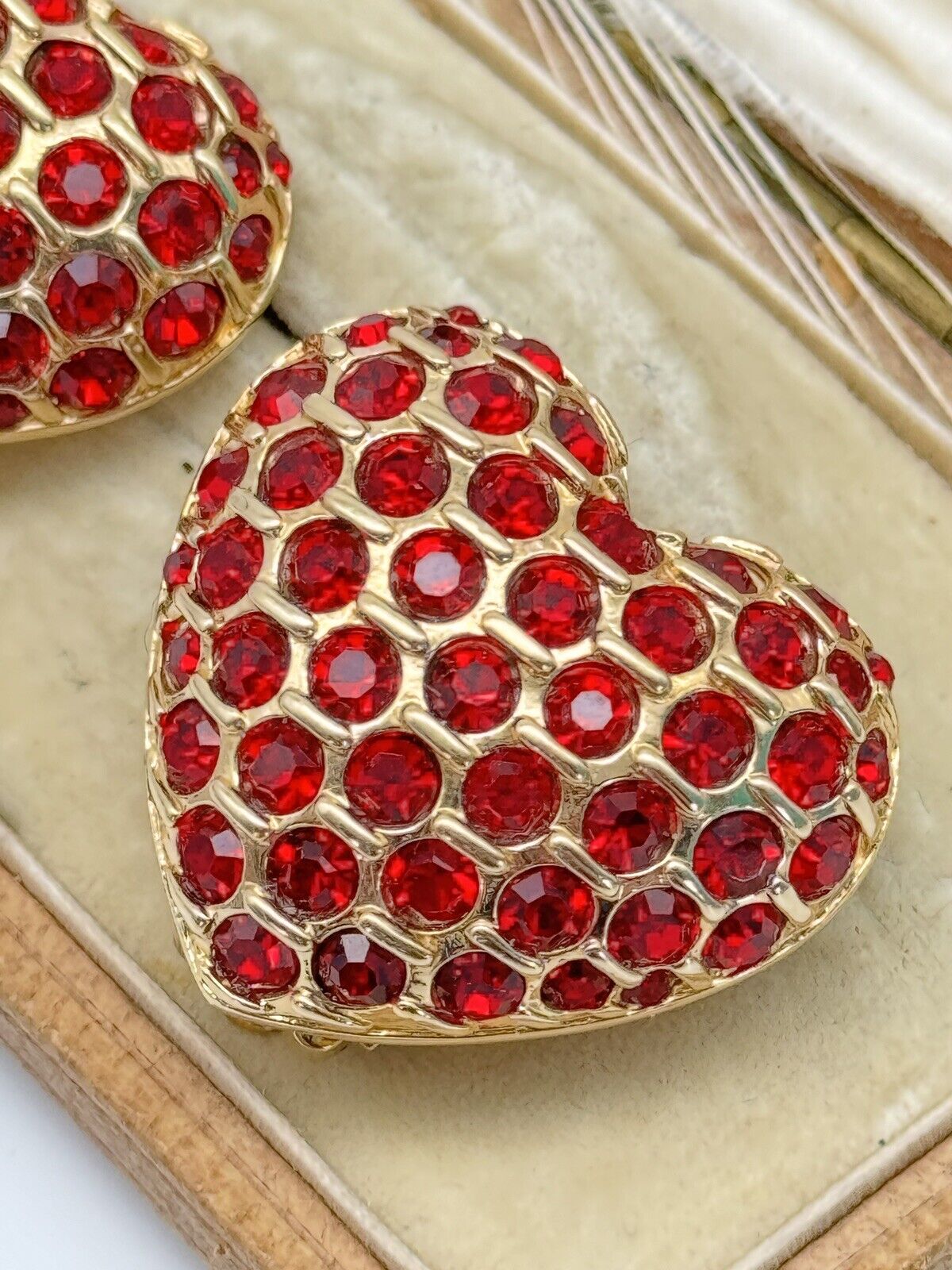 Vintage Swarovski Heart Shaped Red Crystal Clip-on Earrings GOLDTONE Signed SWAN