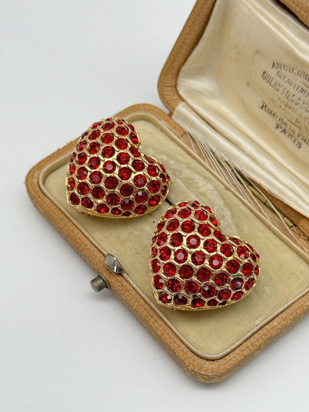 Vintage Swarovski Heart Shaped Red Crystal Clip-on Earrings GOLDTONE Signed SWAN