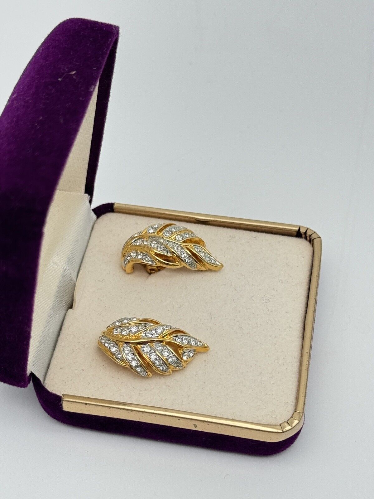 Vintage Austrian Crystal Leaf Earrings Goldtone With Velvet Box