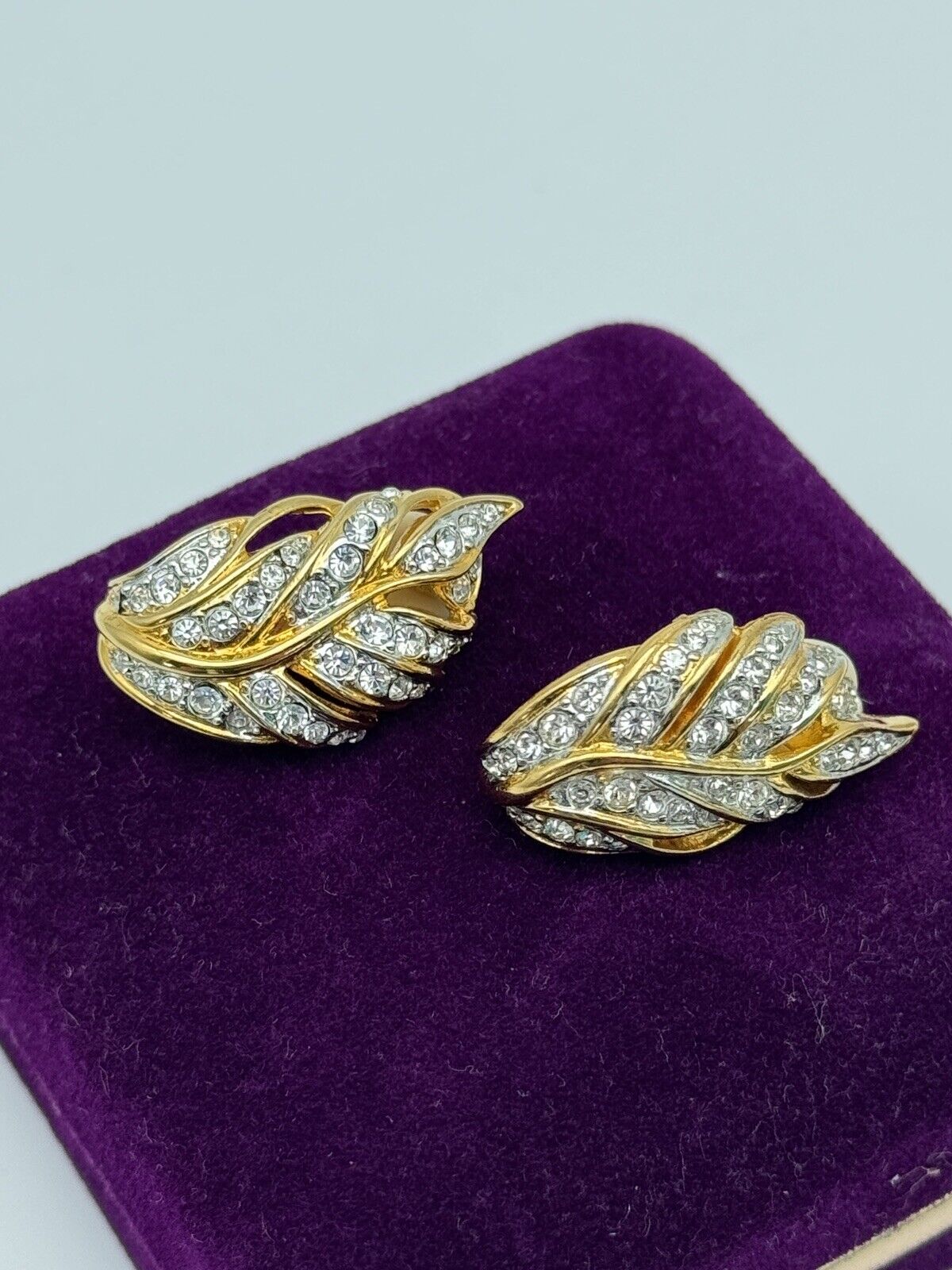 Vintage Austrian Crystal Leaf Earrings Goldtone With Velvet Box