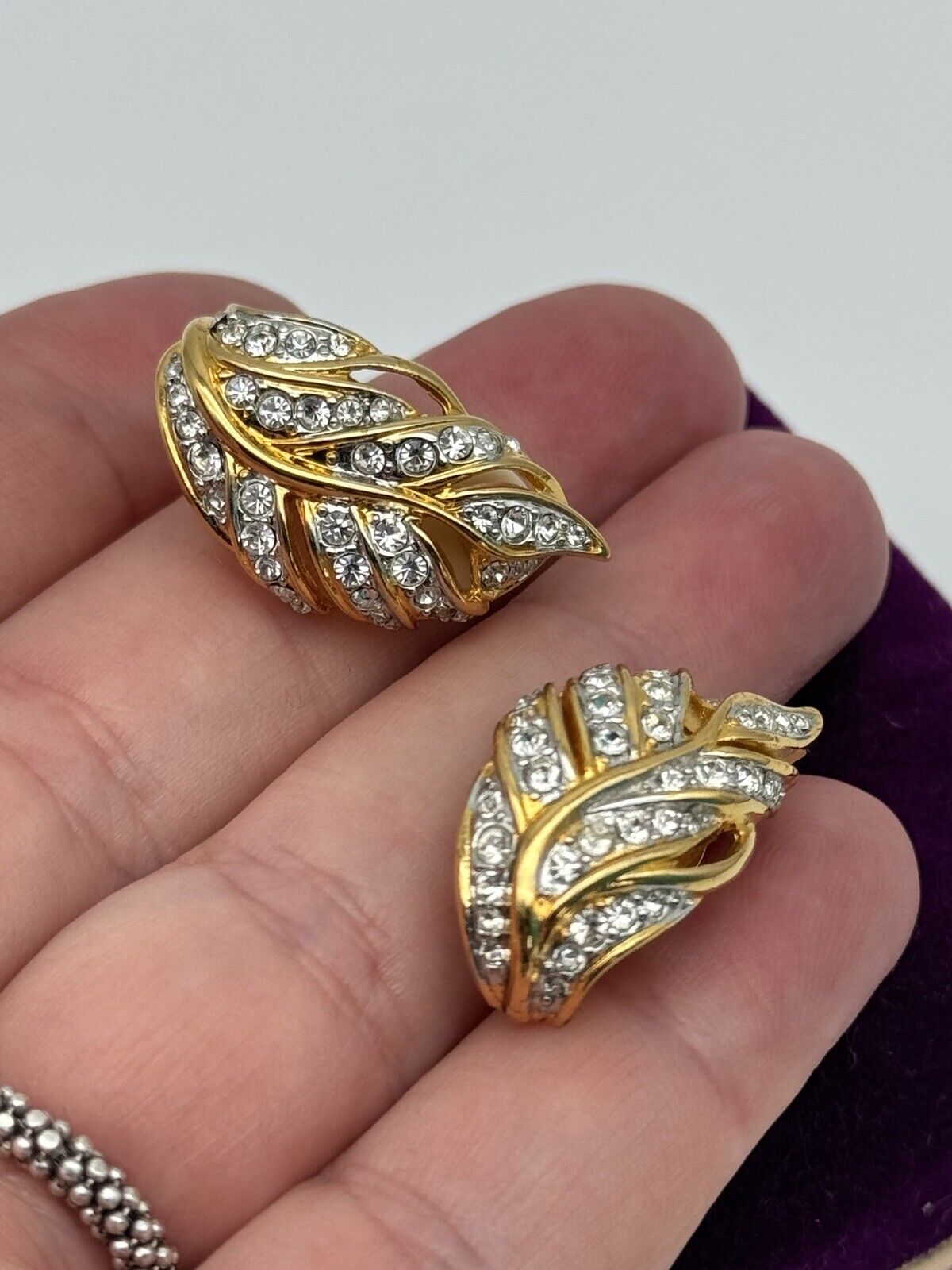 Vintage Austrian Crystal Leaf Earrings Goldtone With Velvet Box