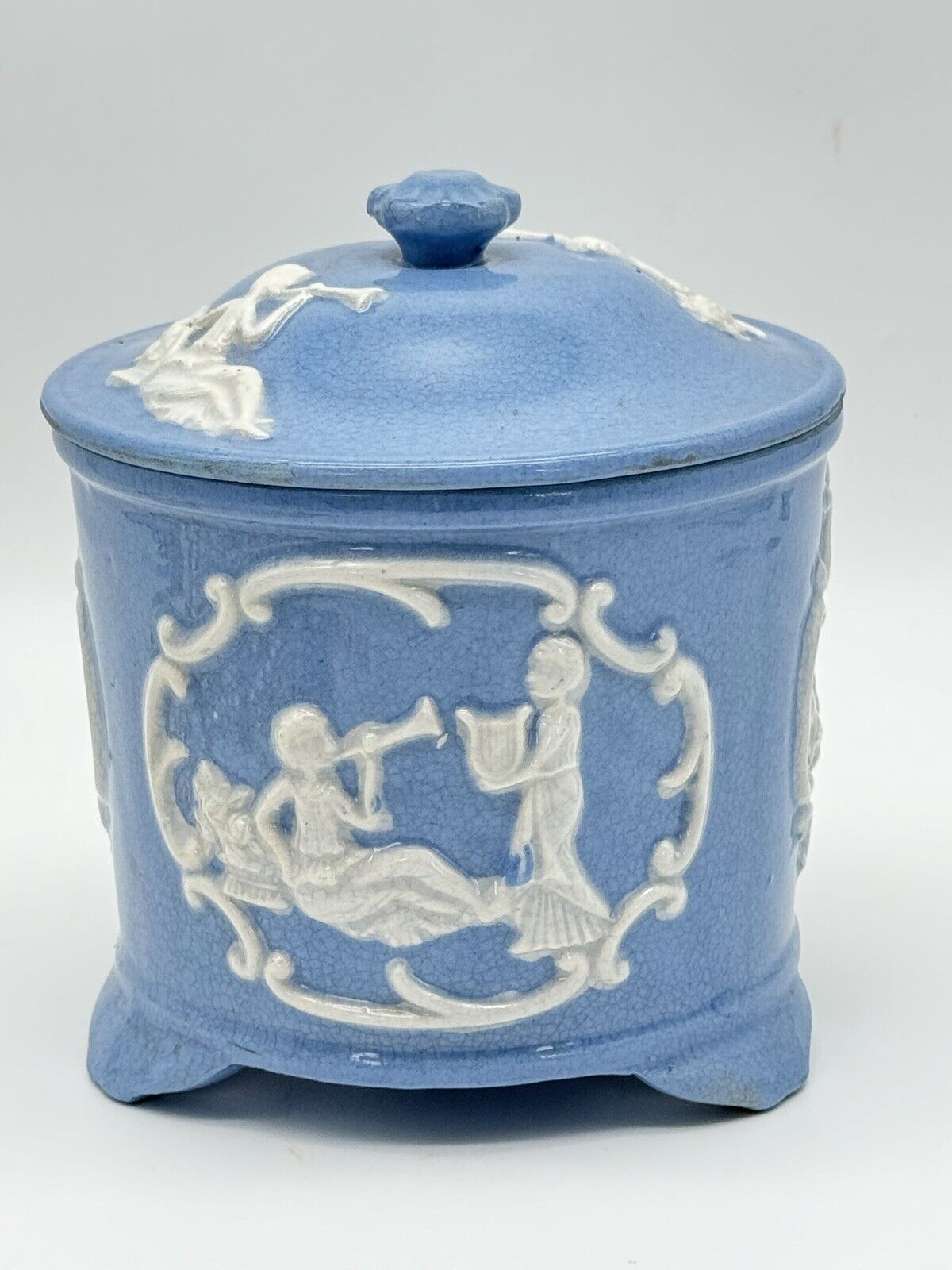 Vintage Blue & White Cookie Jar Jasperware Style JAPAN Stained‼️