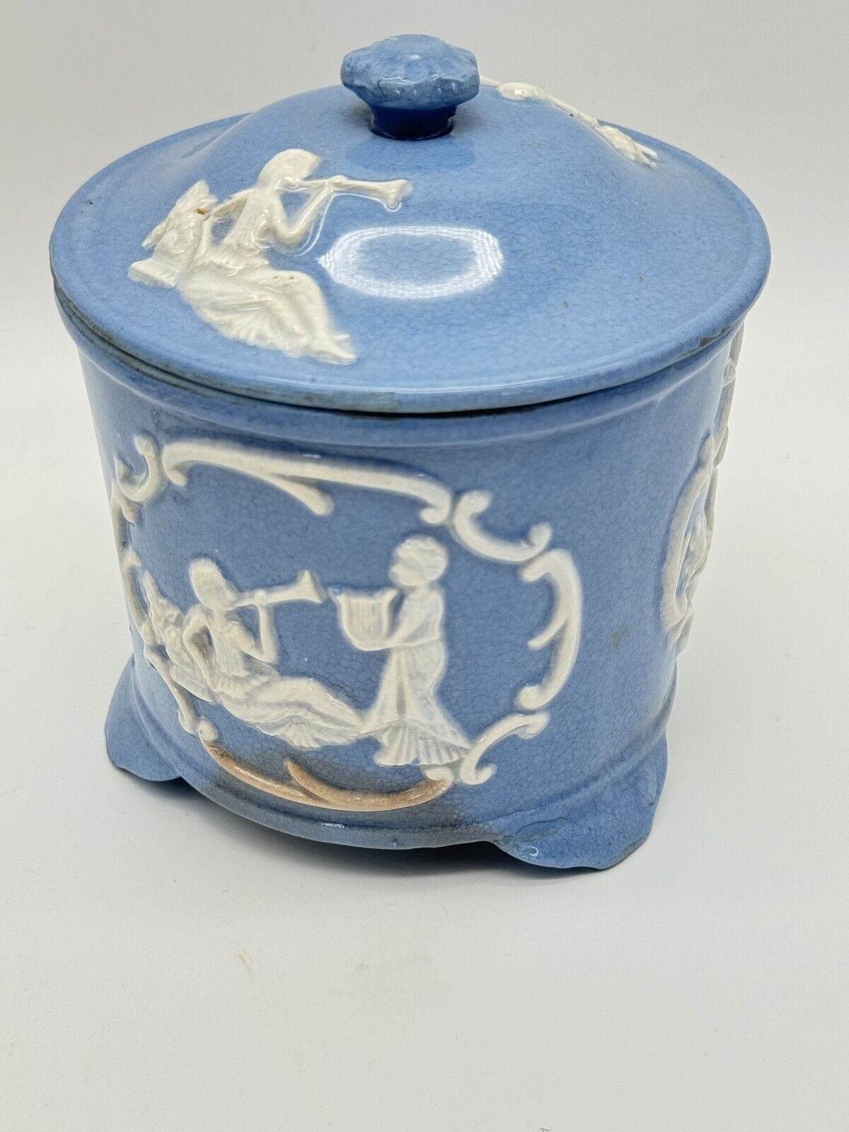 Vintage Blue & White Cookie Jar Jasperware Style JAPAN Stained‼️
