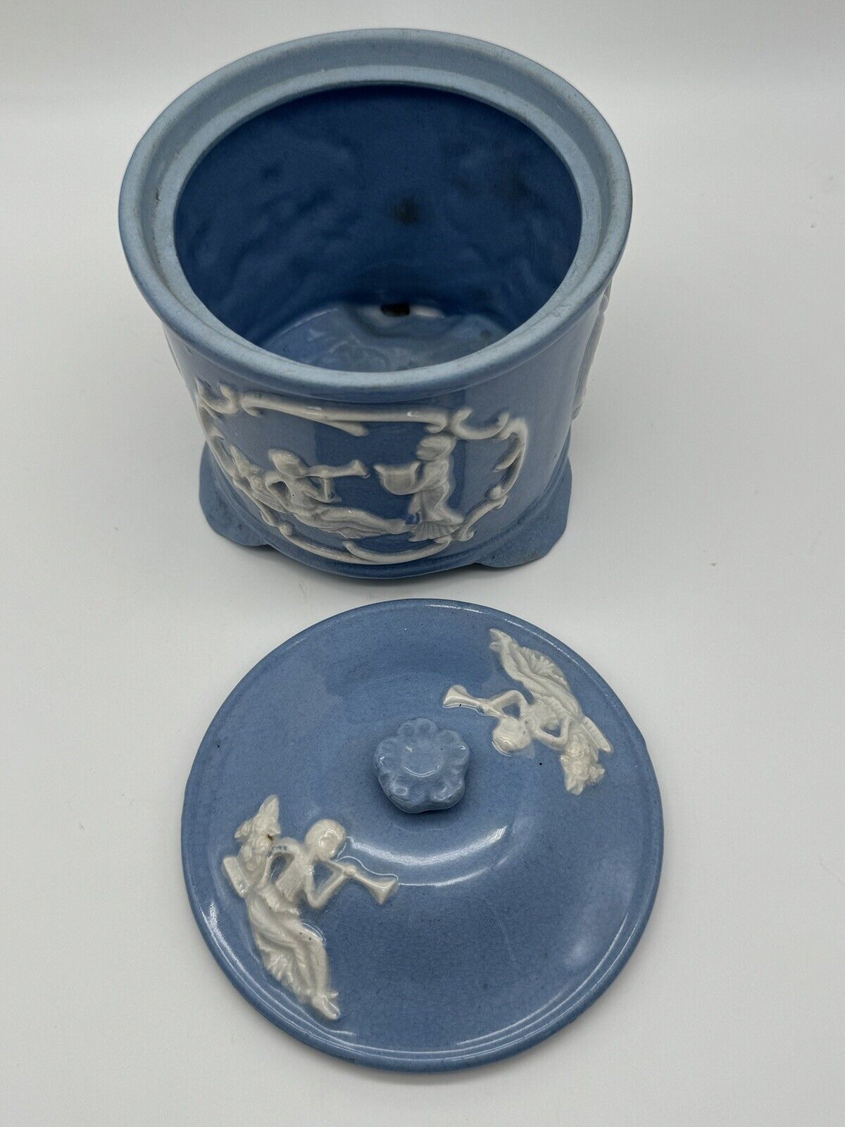 Vintage Blue & White Cookie Jar Jasperware Style JAPAN Stained‼️