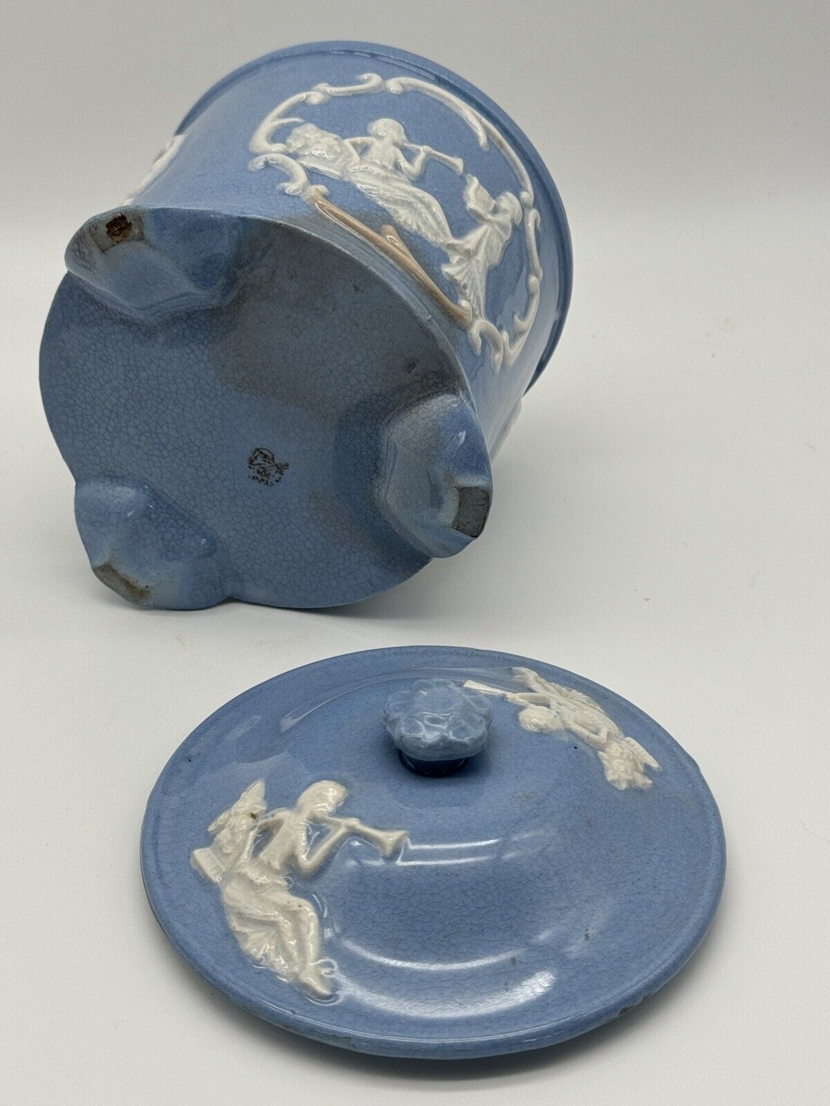 Vintage Blue & White Cookie Jar Jasperware Style JAPAN Stained‼️