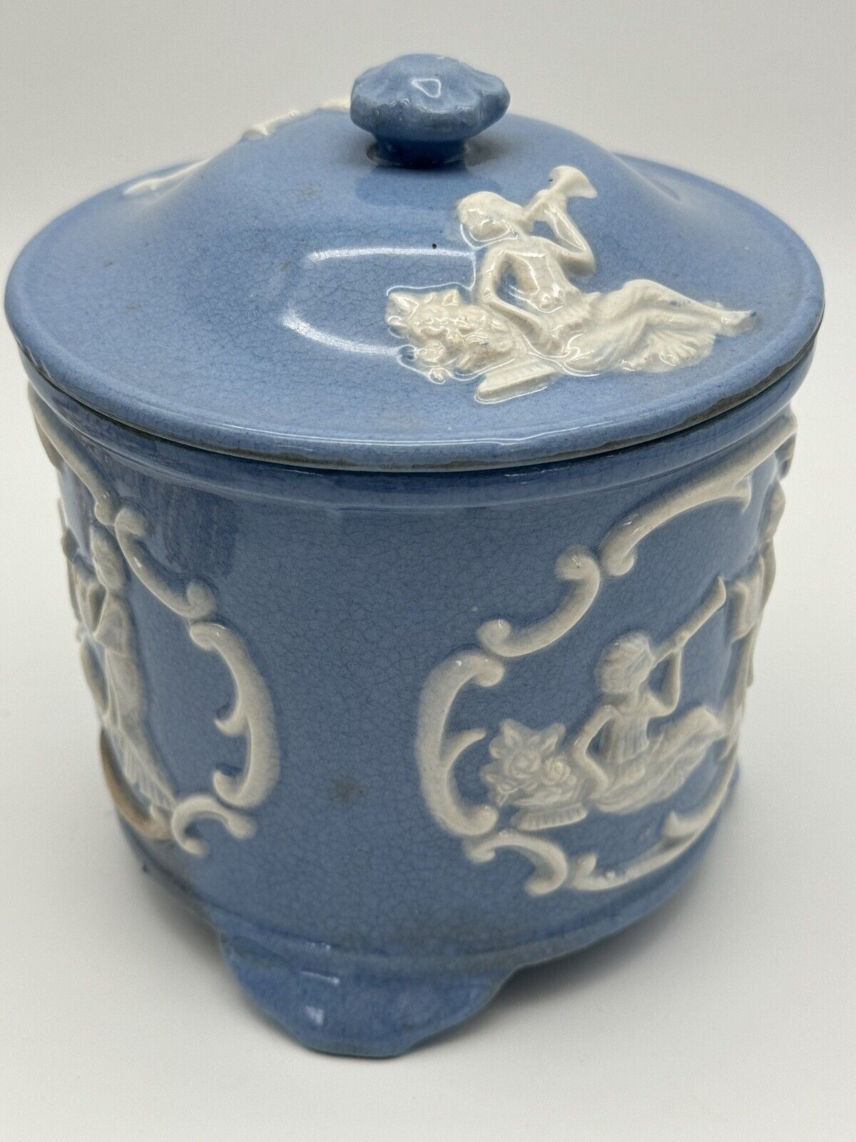 Vintage Blue & White Cookie Jar Jasperware Style JAPAN Stained‼️