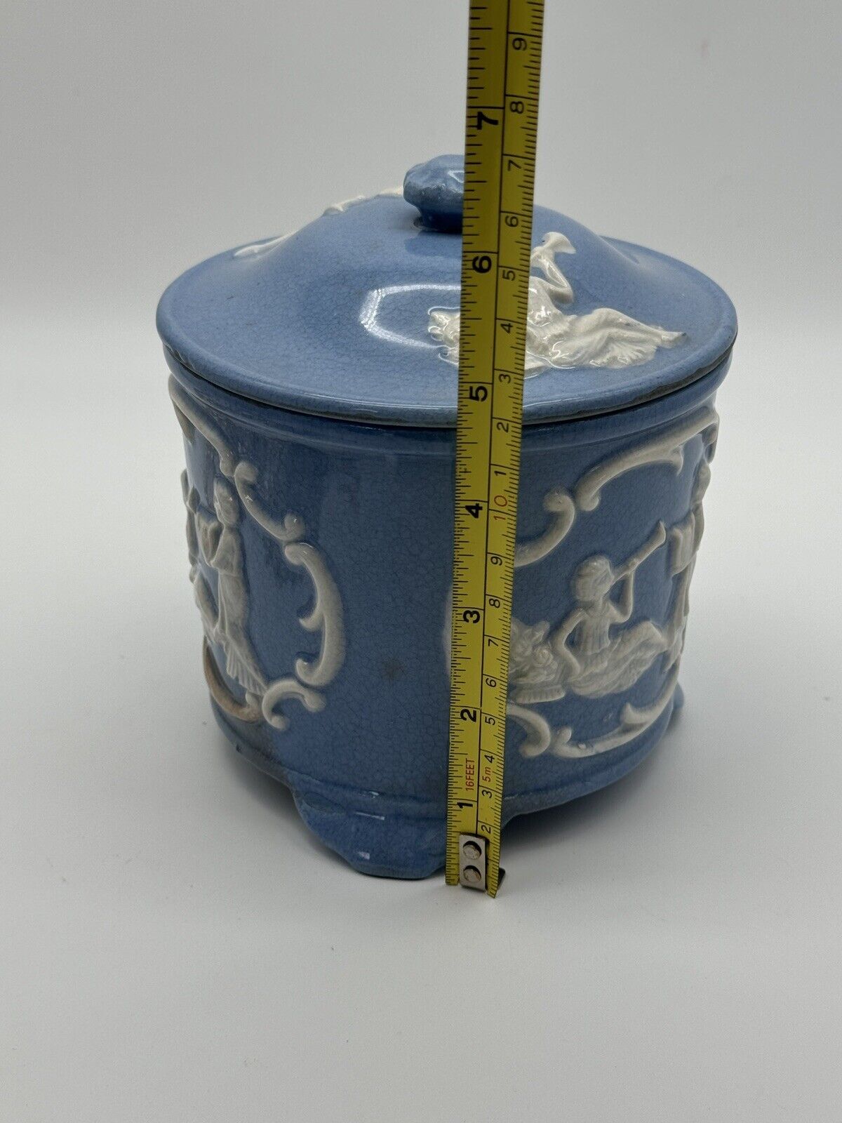 Vintage Blue & White Cookie Jar Jasperware Style JAPAN Stained‼️