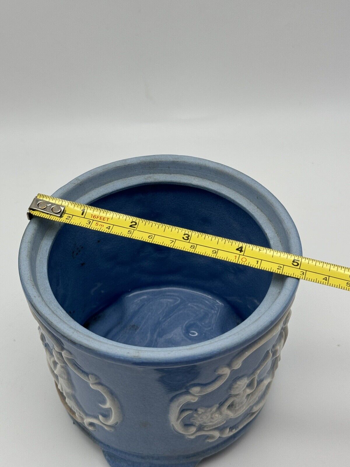 Vintage Blue & White Cookie Jar Jasperware Style JAPAN Stained‼️