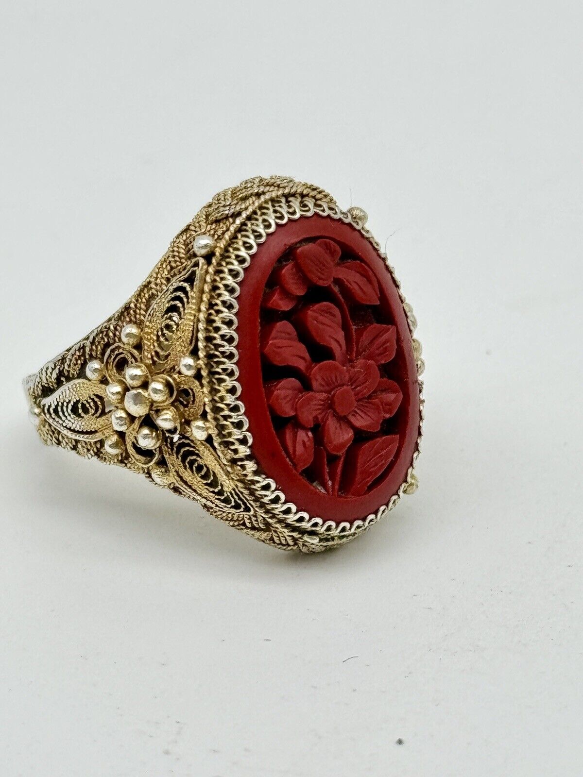 Vintage SILVER Carved Cinnabar Ring Delicate Filigree Gold Vermeil 8.5 Sizeable