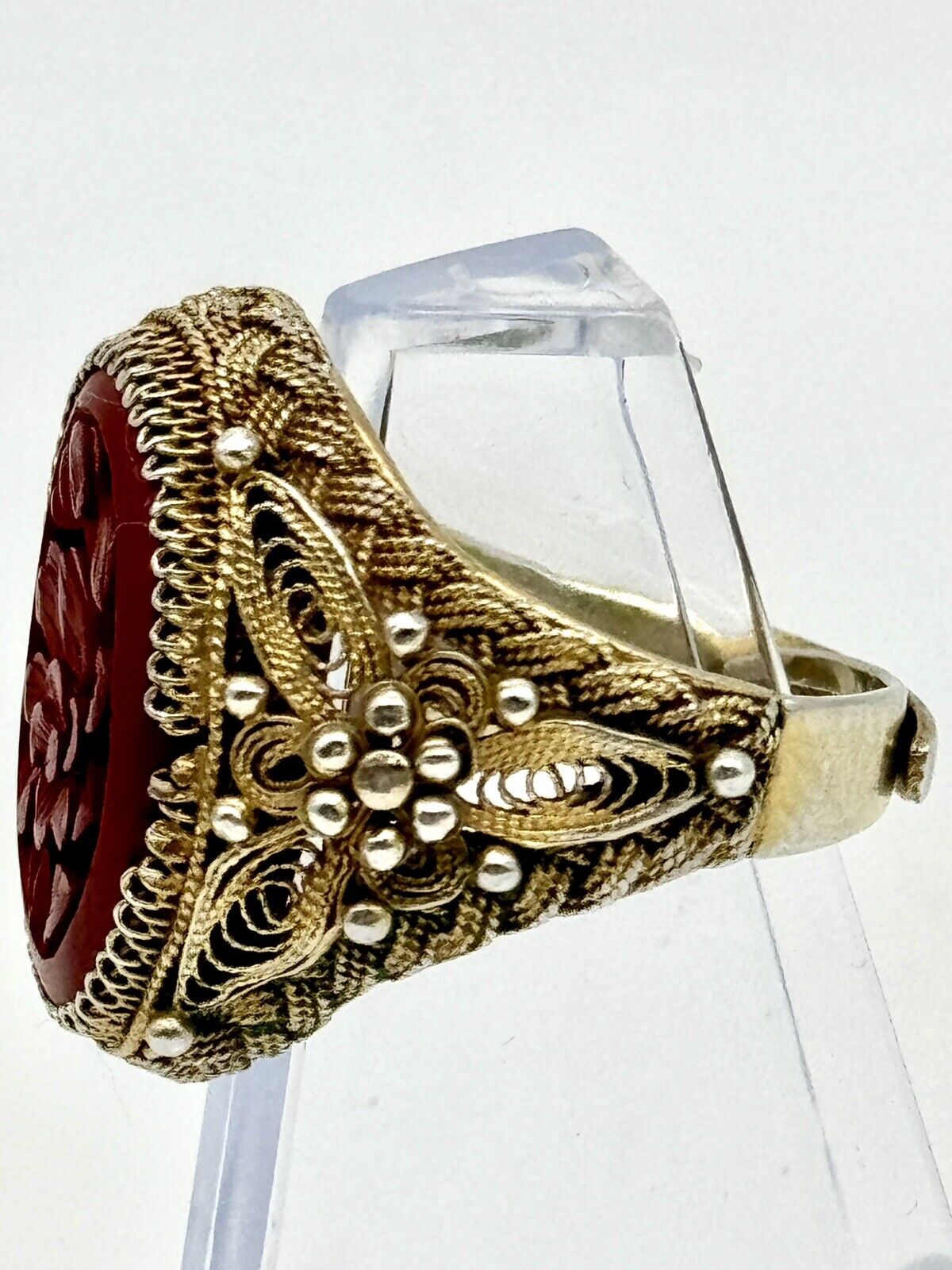 Vintage SILVER Carved Cinnabar Ring Delicate Filigree Gold Vermeil 8.5 Sizeable