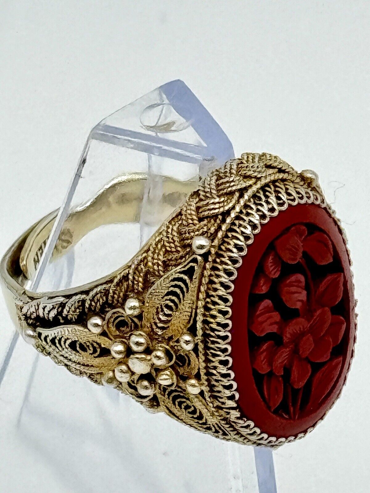 Vintage SILVER Carved Cinnabar Ring Delicate Filigree Gold Vermeil 8.5 Sizeable