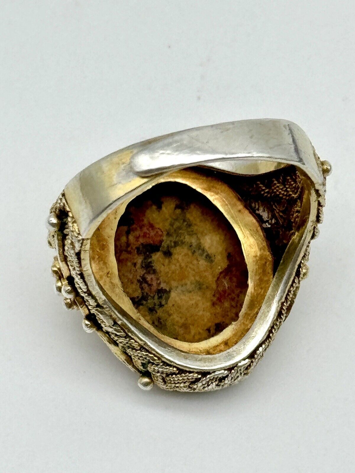 Vintage SILVER Carved Cinnabar Ring Delicate Filigree Gold Vermeil 8.5 Sizeable